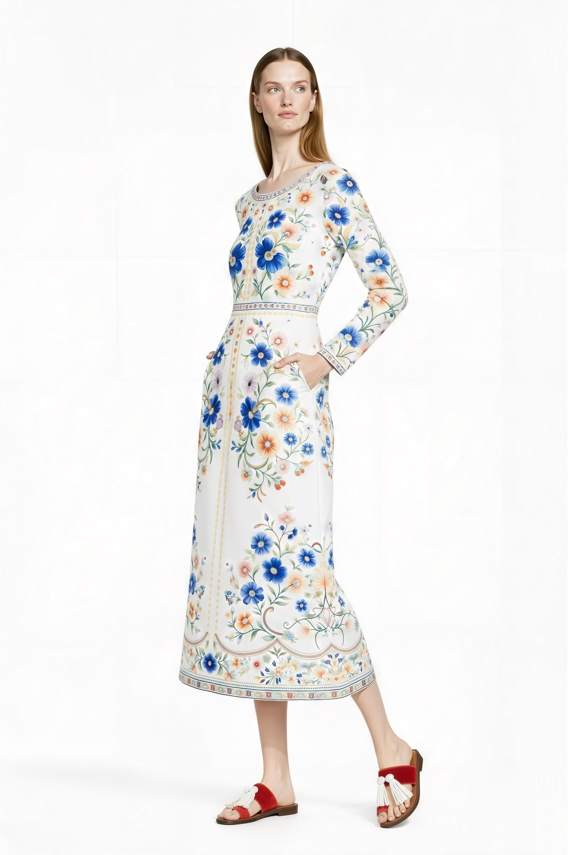 Blue Botanical Floral Midi Dress, Long Sleeve A-Line, European Vintage Style, Boho Cottagecore __etsy:7846821254