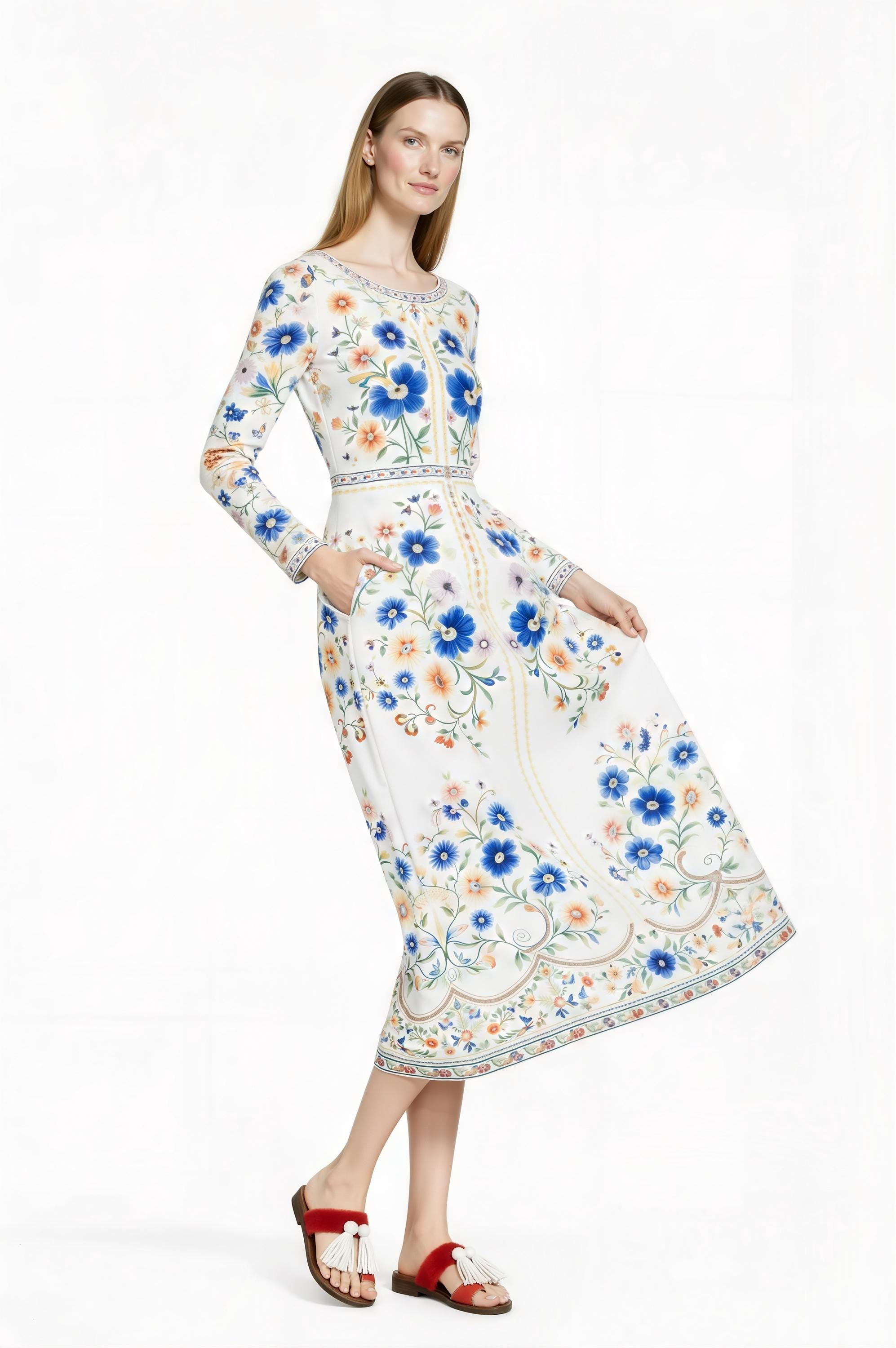 Blue Botanical Floral Midi Dress, Long Sleeve A-Line, European Vintage Style, Boho Cottagecore __etsy:7846821400