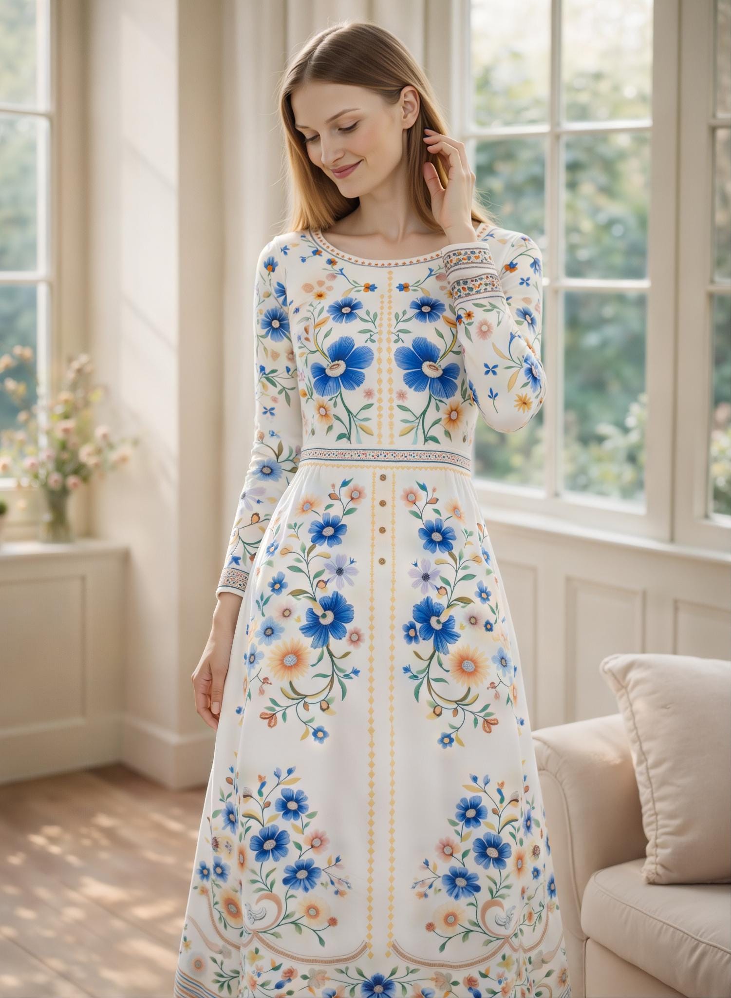 Blue Botanical Floral Midi Dress, Long Sleeve A-Line, European Vintage Style, Boho Cottagecore __etsy:7846821782