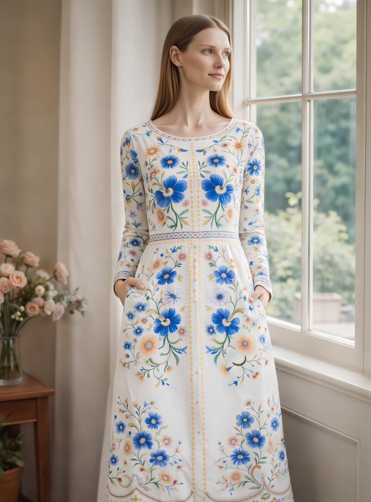 Blue Botanical Floral Midi Dress, Long Sleeve A-Line, European Vintage Style, Boho Cottagecore __etsy:7846821784