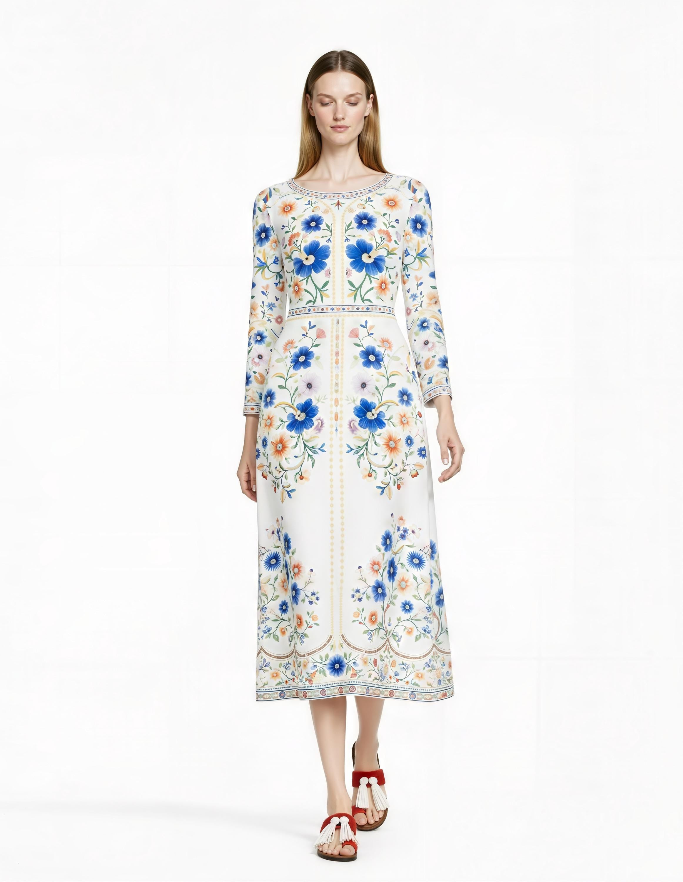 Blue Botanical Floral Midi Dress, Long Sleeve A-Line, European Vintage Style, Boho Cottagecore __etsy:7846839898