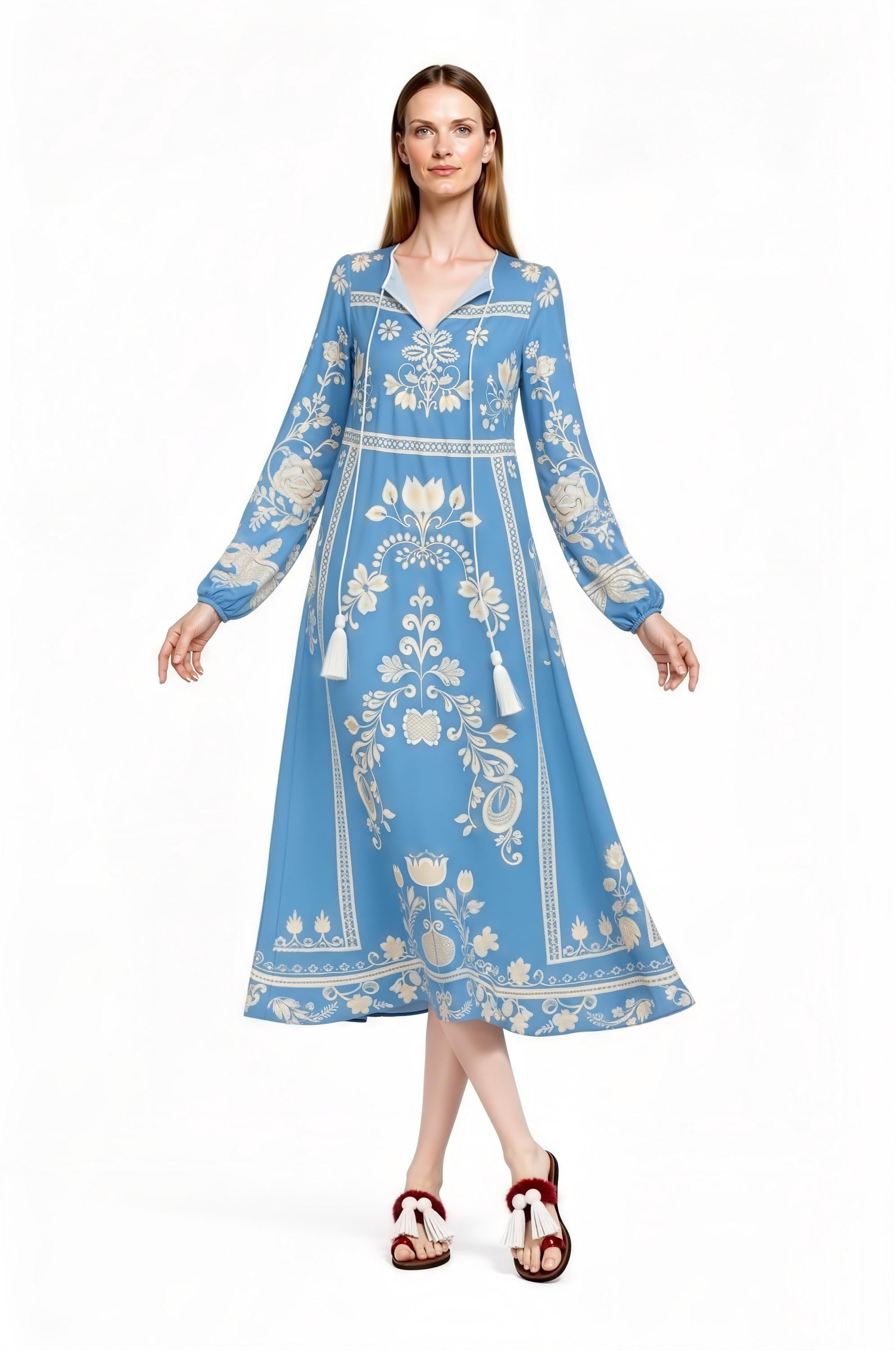 Blue Floral Midi Dress, Vintage Inspired, Long Sleeve Tassel, Boho A-Line Cottagecore __etsy:7847311746