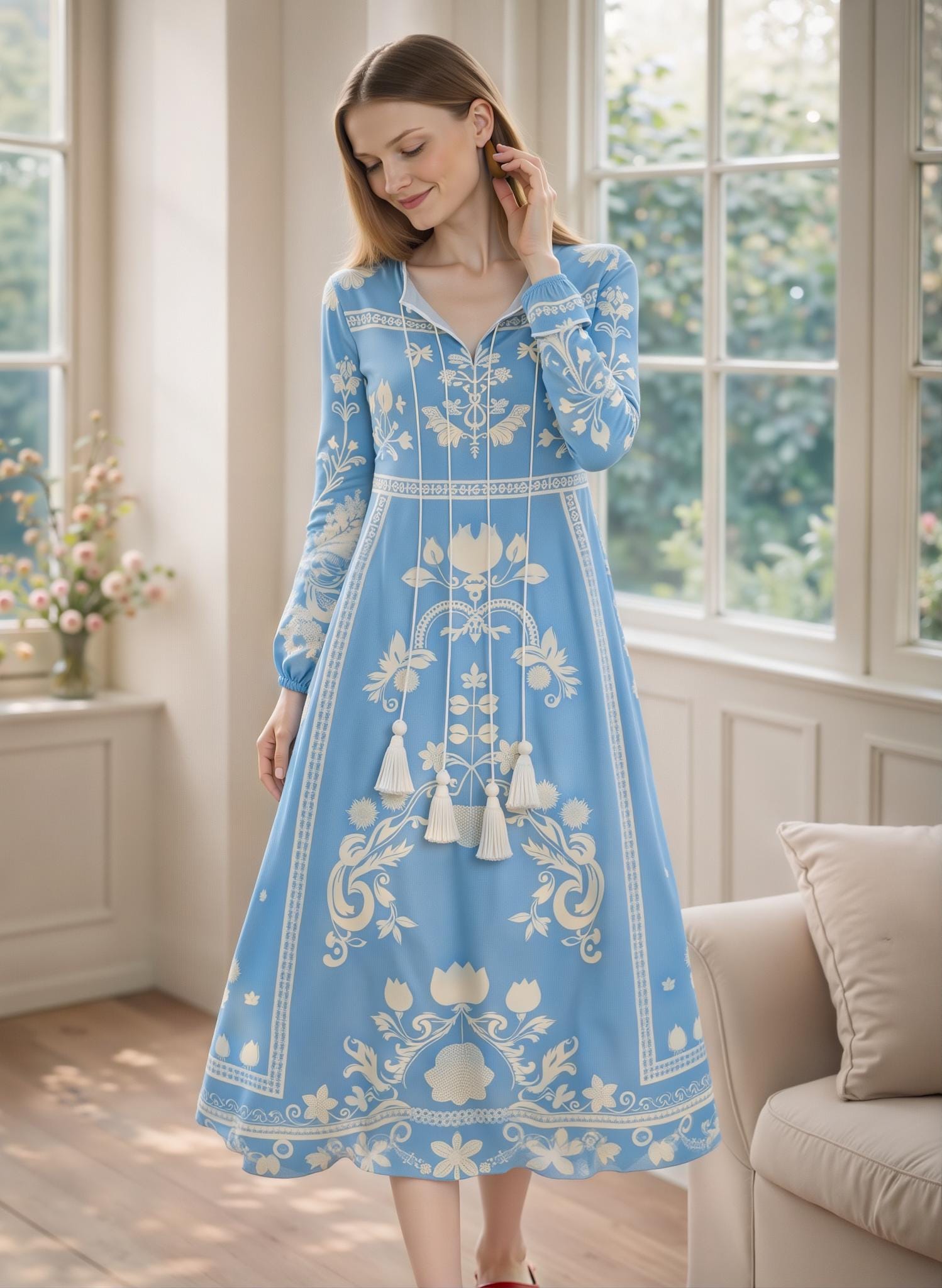 Blue Floral Midi Dress, Vintage Inspired, Long Sleeve Tassel, Boho A-Line Cottagecore __etsy:7847315962