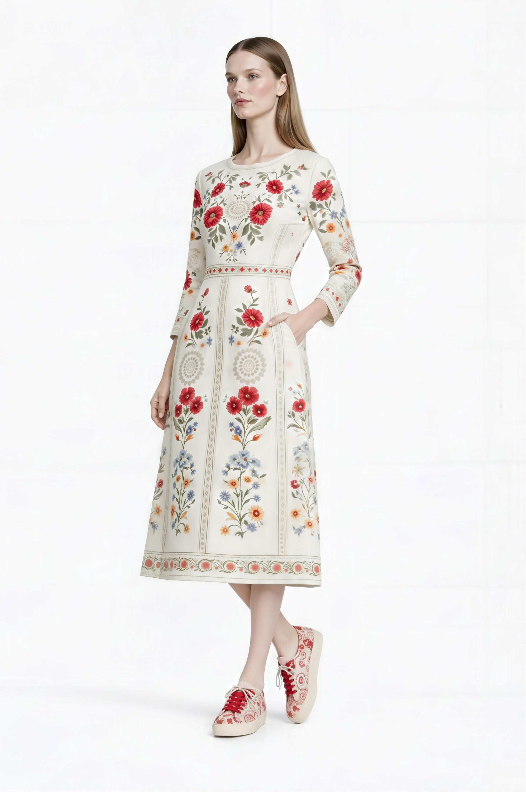 Ivory Red Floral Midi Dress: Vintage European Garden Party Style __etsy:7850681400