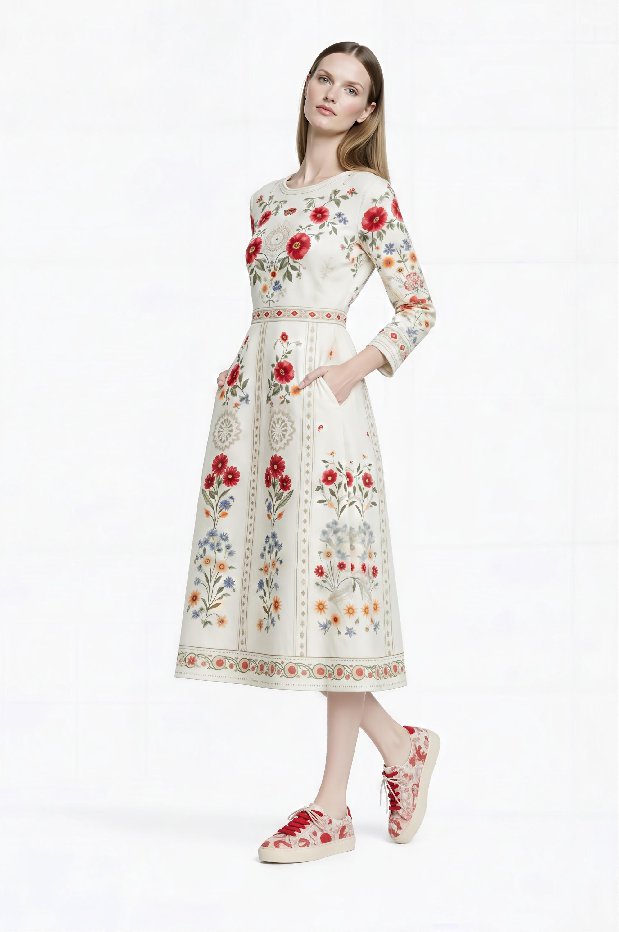 Ivory Red Floral Midi Dress: Vintage European Garden Party Style __etsy:7850683814