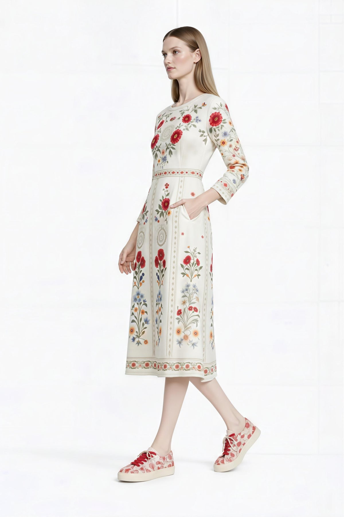 Ivory Red Floral Midi Dress: Vintage European Garden Party Style __etsy:7850684326