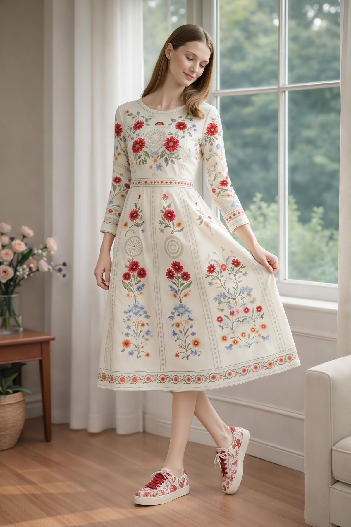 Ivory Red Floral Midi Dress: Vintage European Garden Party Style __etsy:7850684468