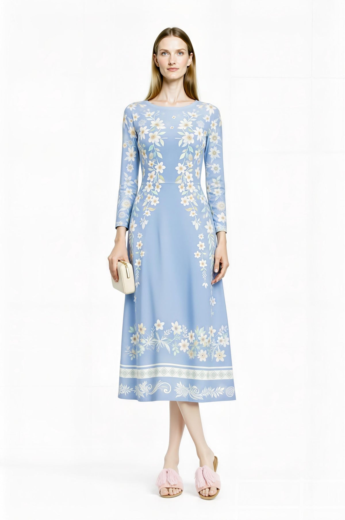 Blue Floral Midi Dress, Vintage Botanical Print, A-Line Silhouette, Long Sleeve, Pockets __etsy:7864187229