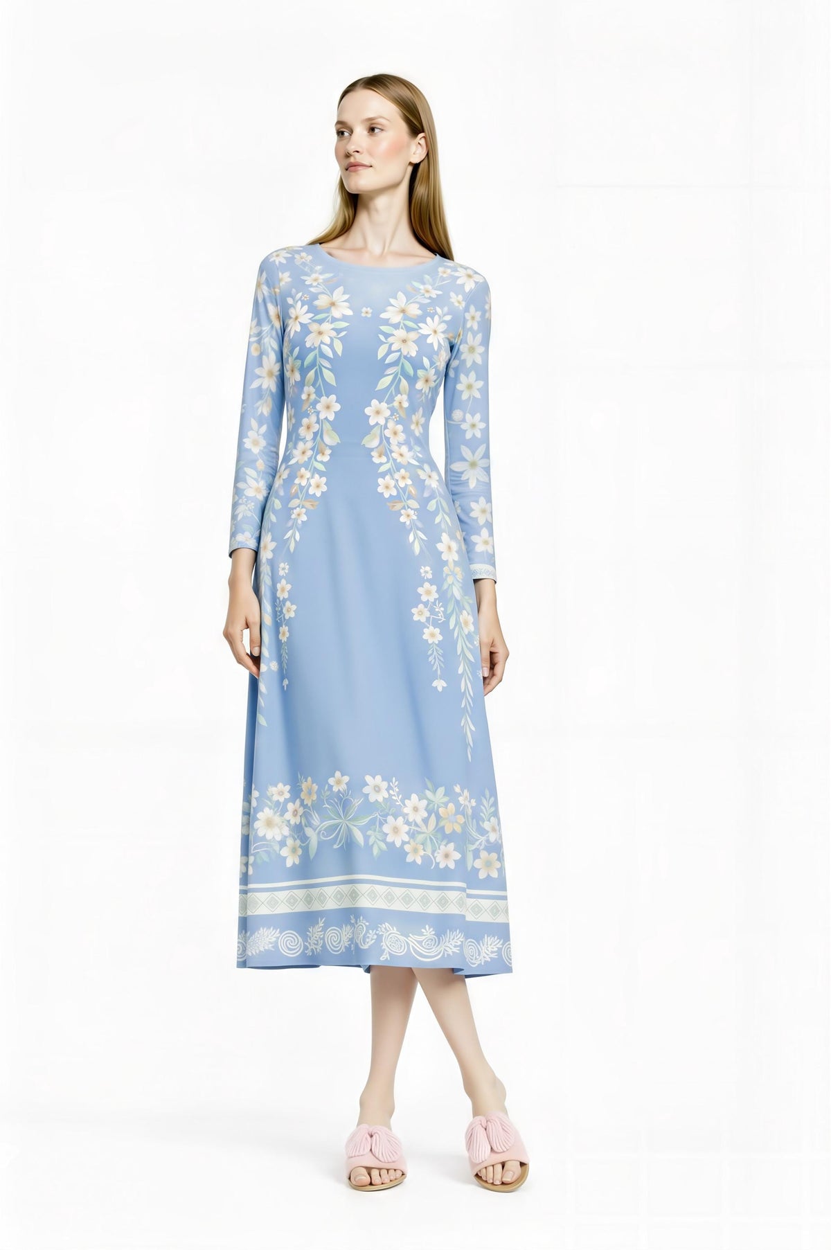 Blue Floral Midi Dress, Vintage Botanical Print, A-Line Silhouette, Long Sleeve, Pockets __etsy:7864187233