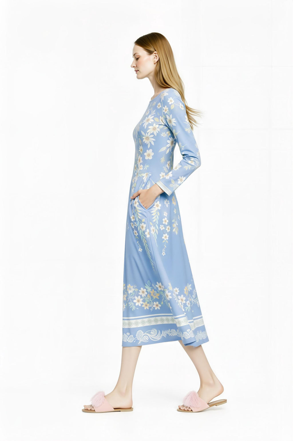 Blue Floral Midi Dress, Vintage Botanical Print, A-Line Silhouette, Long Sleeve, Pockets __etsy:7864187237