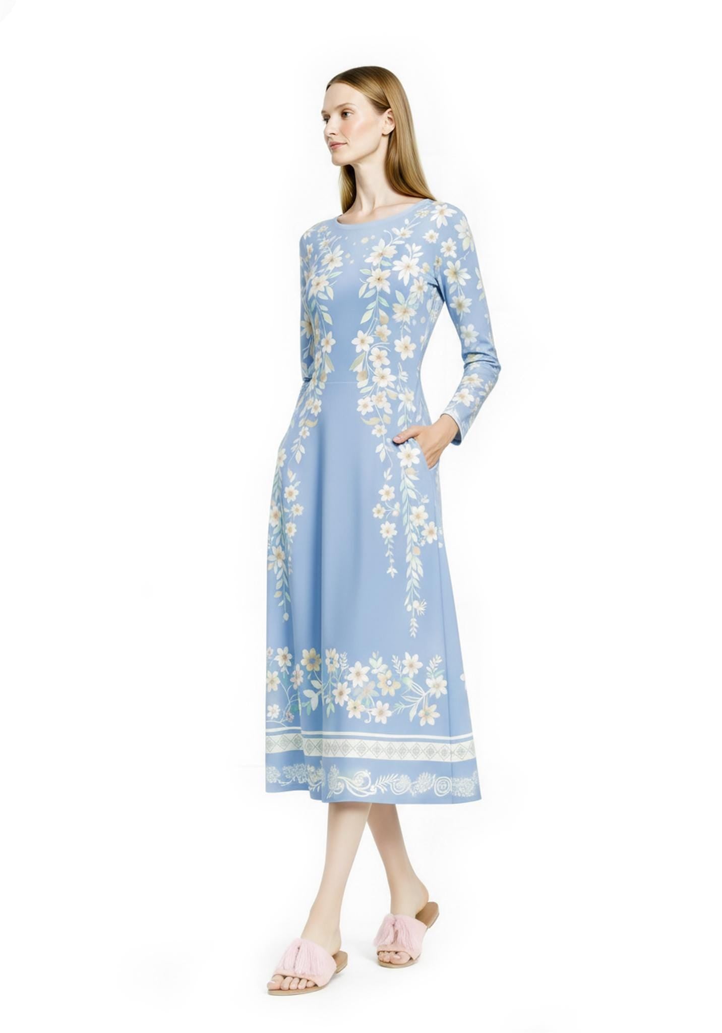 Blue Floral Midi Dress, Vintage Botanical Print, A-Line Silhouette, Long Sleeve, Pockets __etsy:7864232879