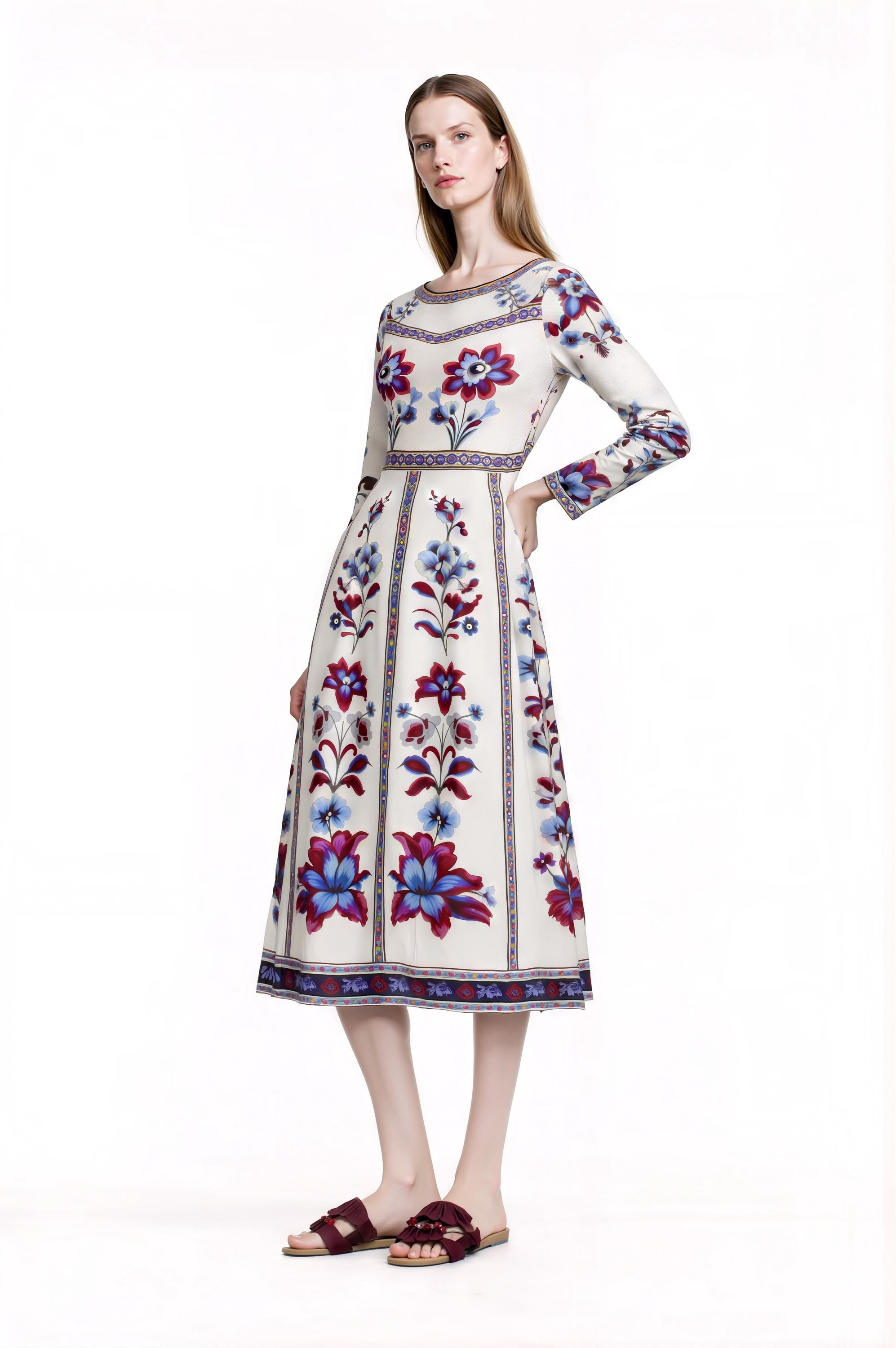 Blue Floral Midi Dress, Long Sleeve, Boho Border Print, Elegant Wedding Guest __etsy:7864737392