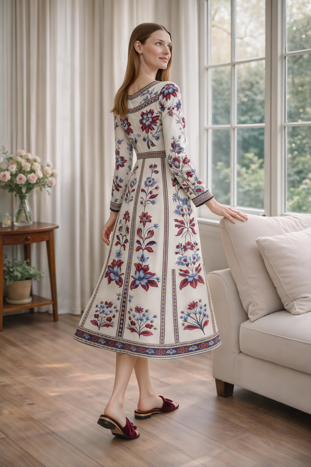 Blue Floral Midi Dress, Long Sleeve, Boho Border Print, Elegant Wedding Guest __etsy:7864737396