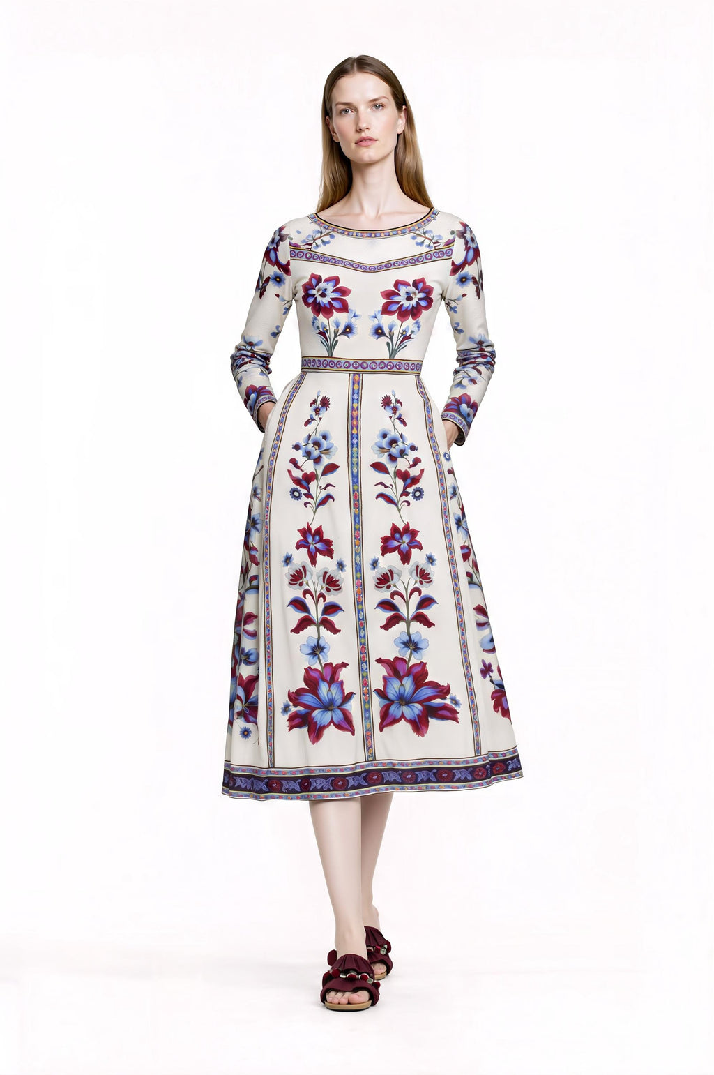 Blue Floral Midi Dress, Long Sleeve, Boho Border Print, Elegant Wedding Guest __etsy:7864737436