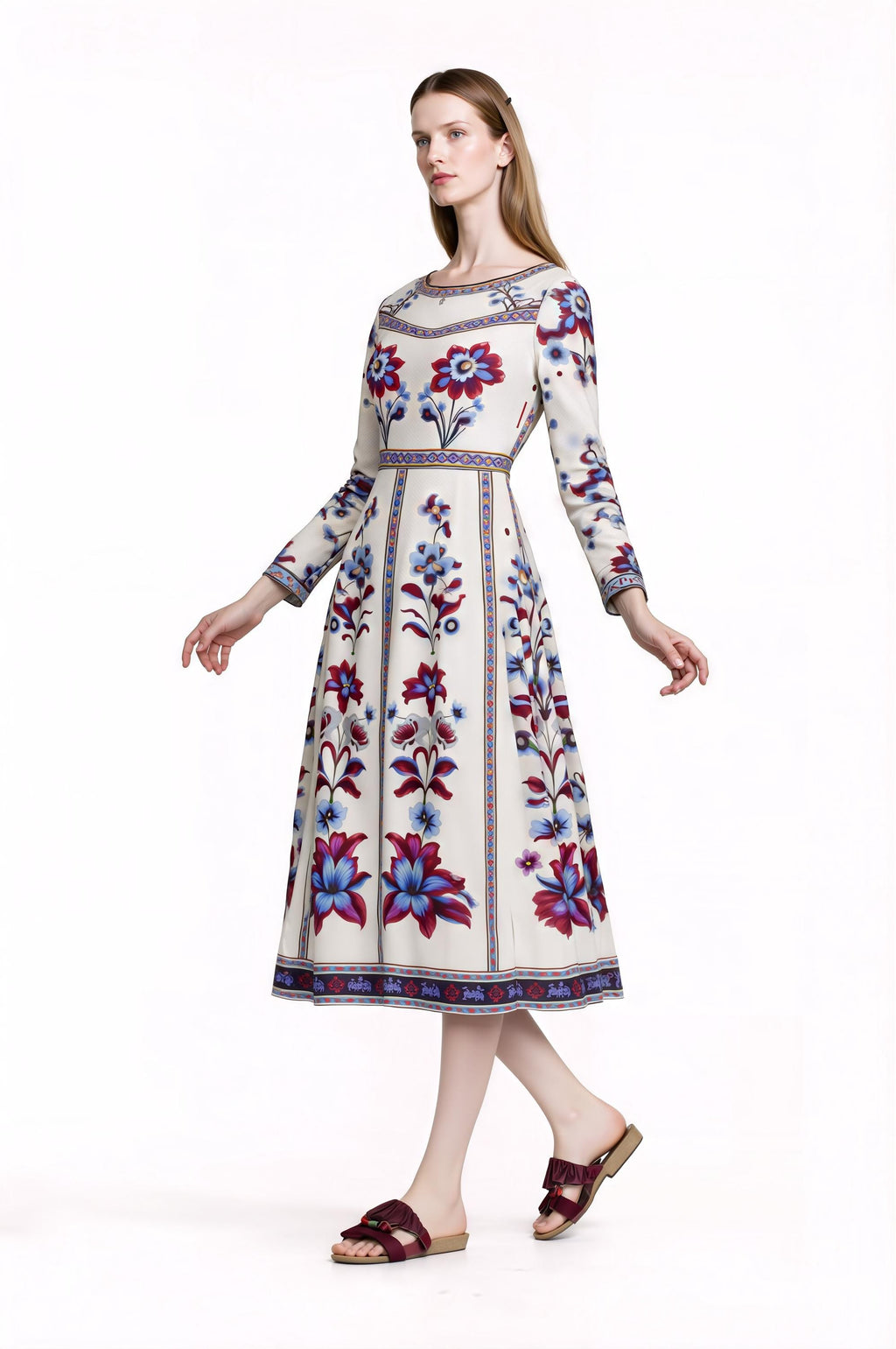 Blue Floral Midi Dress, Long Sleeve, Boho Border Print, Elegant Wedding Guest __etsy:7864737440