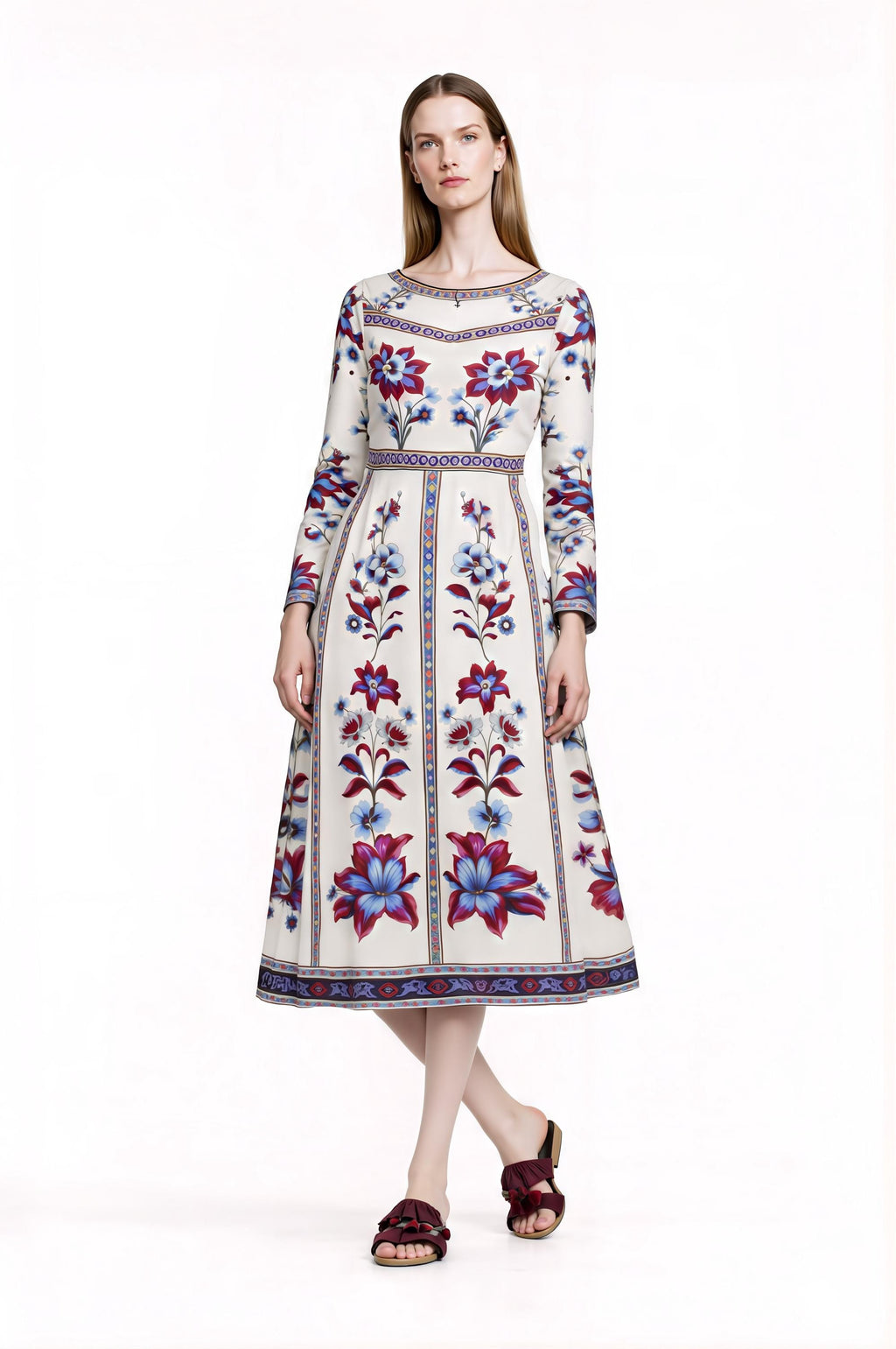 Blue Floral Midi Dress, Long Sleeve, Boho Border Print, Elegant Wedding Guest __etsy:7864737442