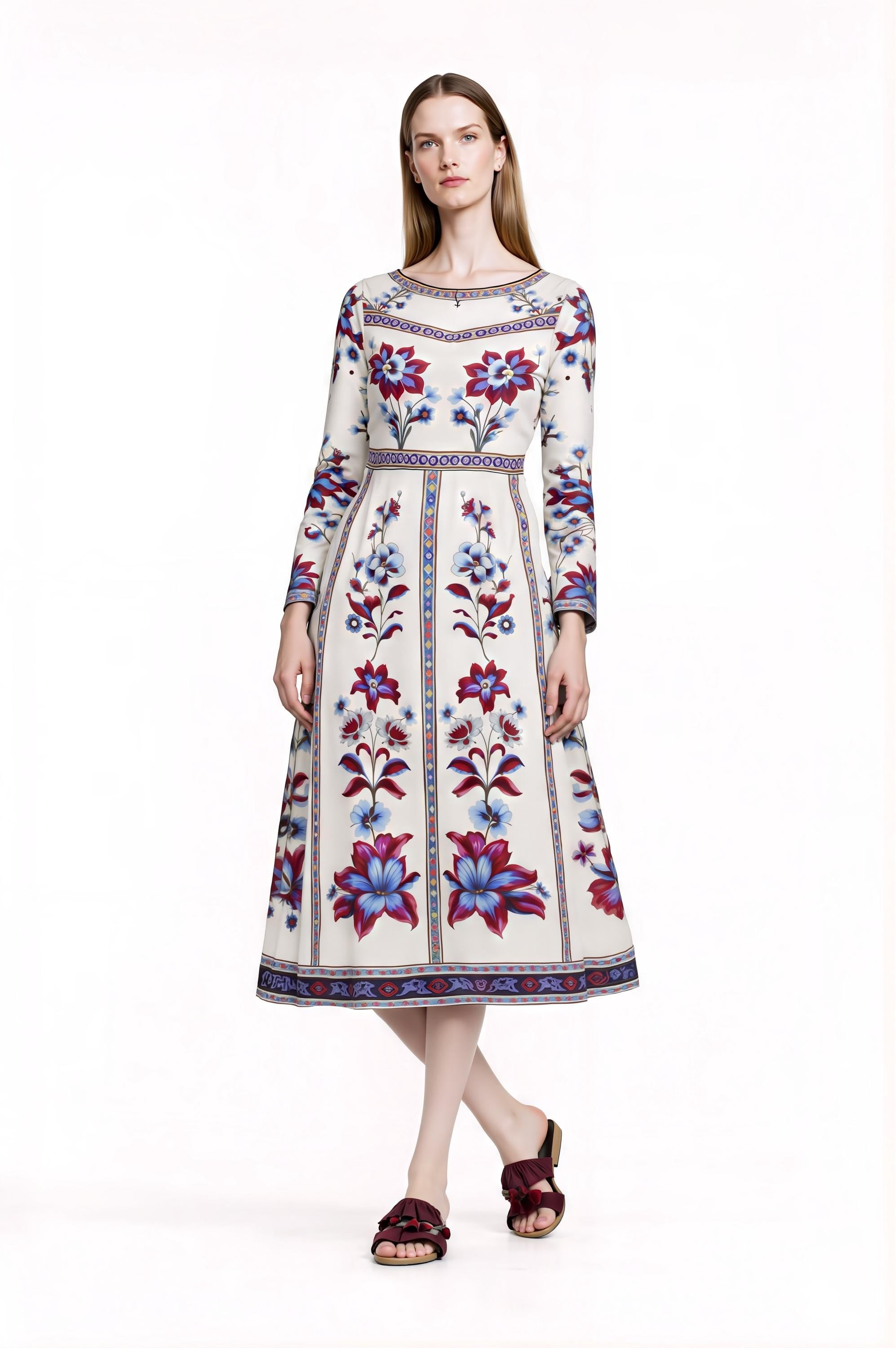 Blue Floral Midi Dress, Long Sleeve, Boho Border Print, Elegant Wedding Guest __etsy:7864737442