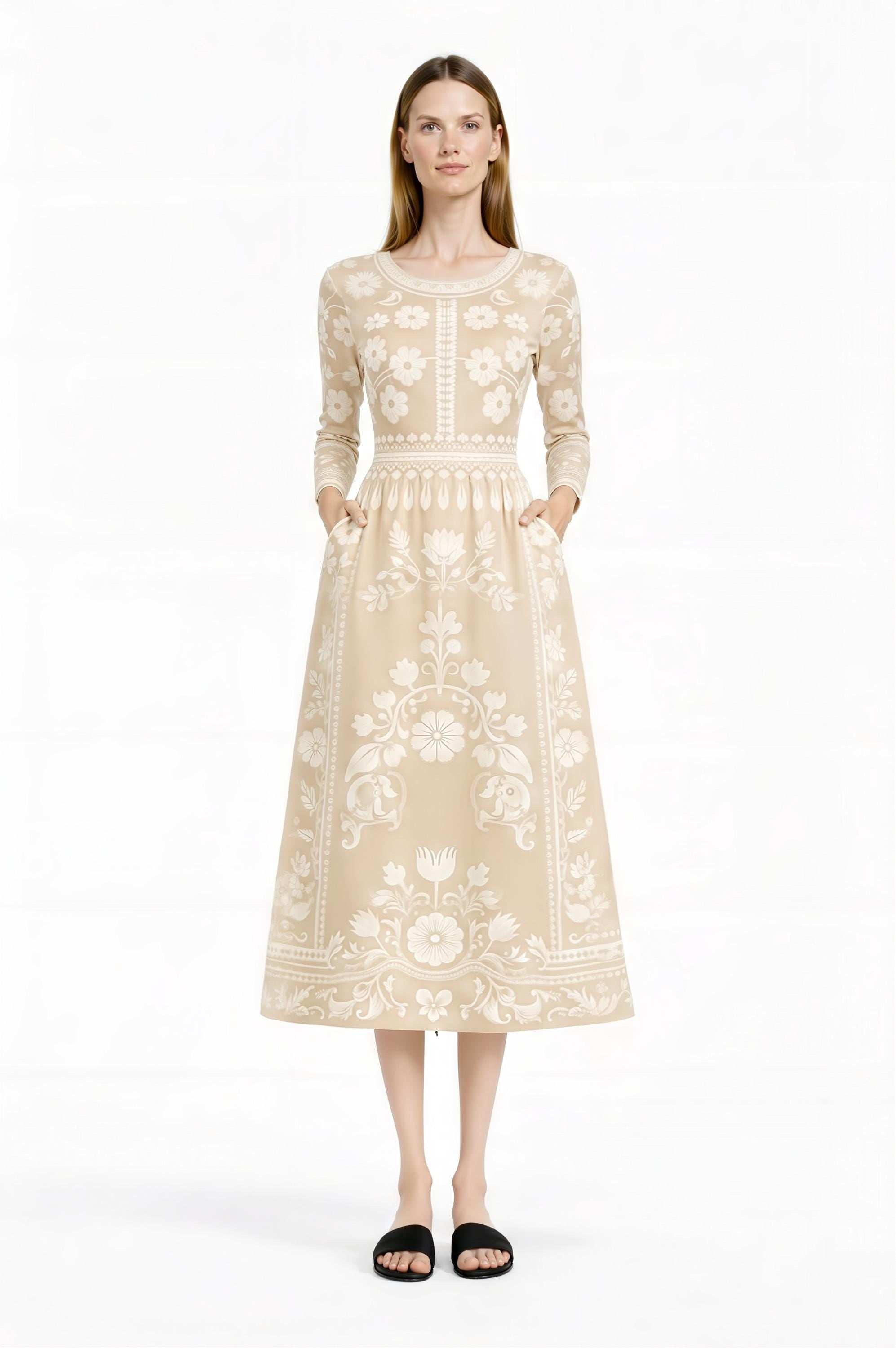 Blue Floral Midi Dress, Vintage Border Print, Long Sleeve, Feminine Silhouette __etsy:7870576613