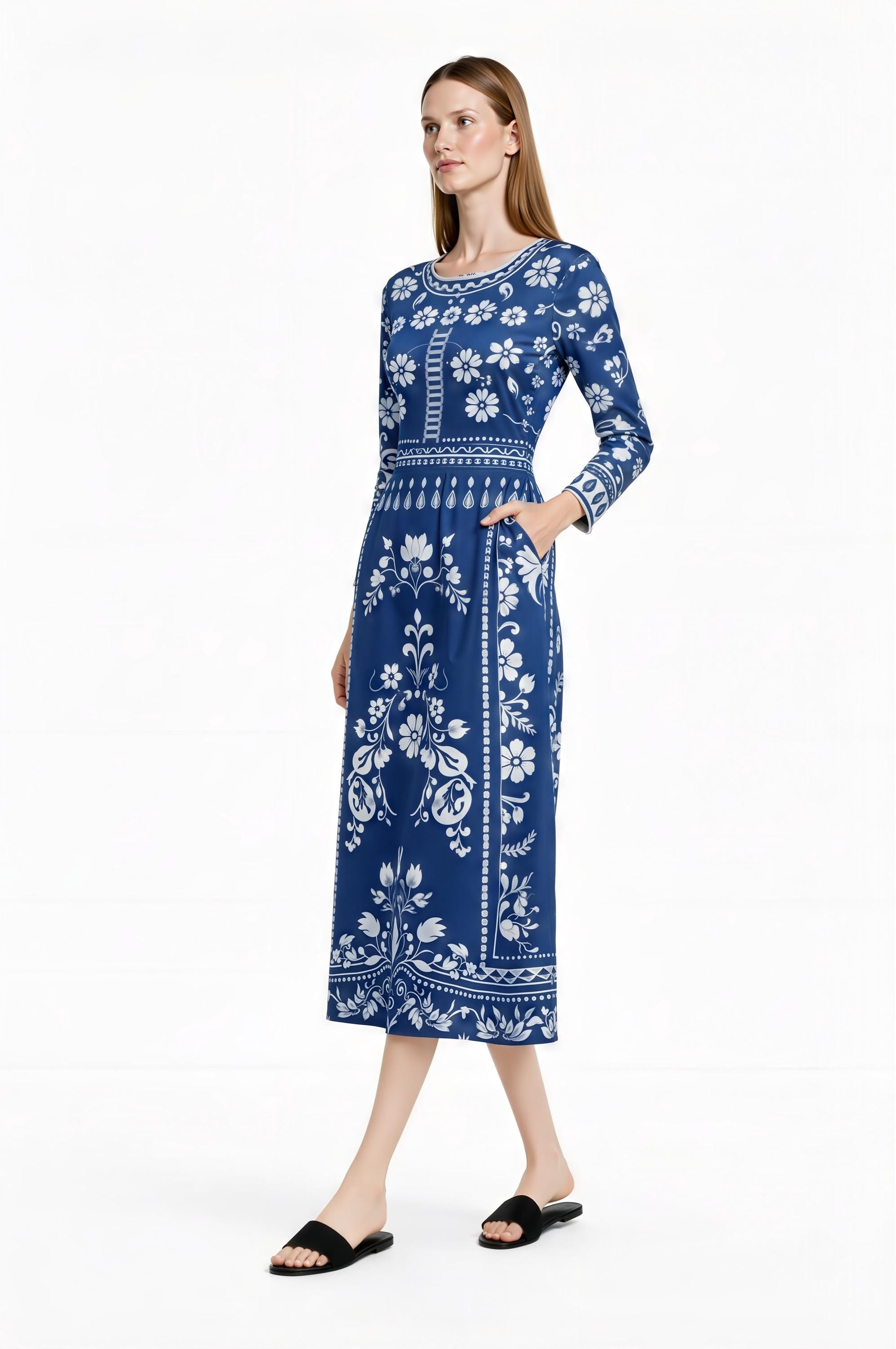 Blue Floral Midi Dress, Vintage Border Print, Long Sleeve, Feminine Silhouette __etsy:7870576639