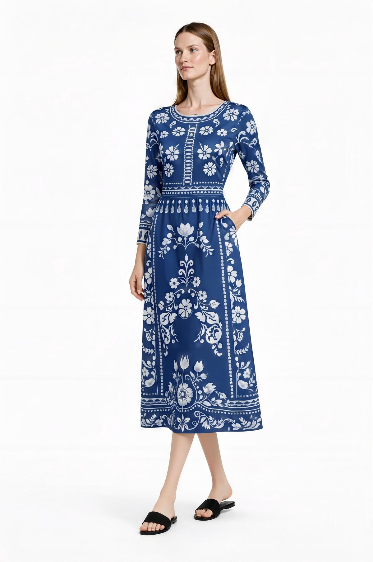 Blue Floral Midi Dress, Vintage Border Print, Long Sleeve, Feminine Silhouette __etsy:7870576641