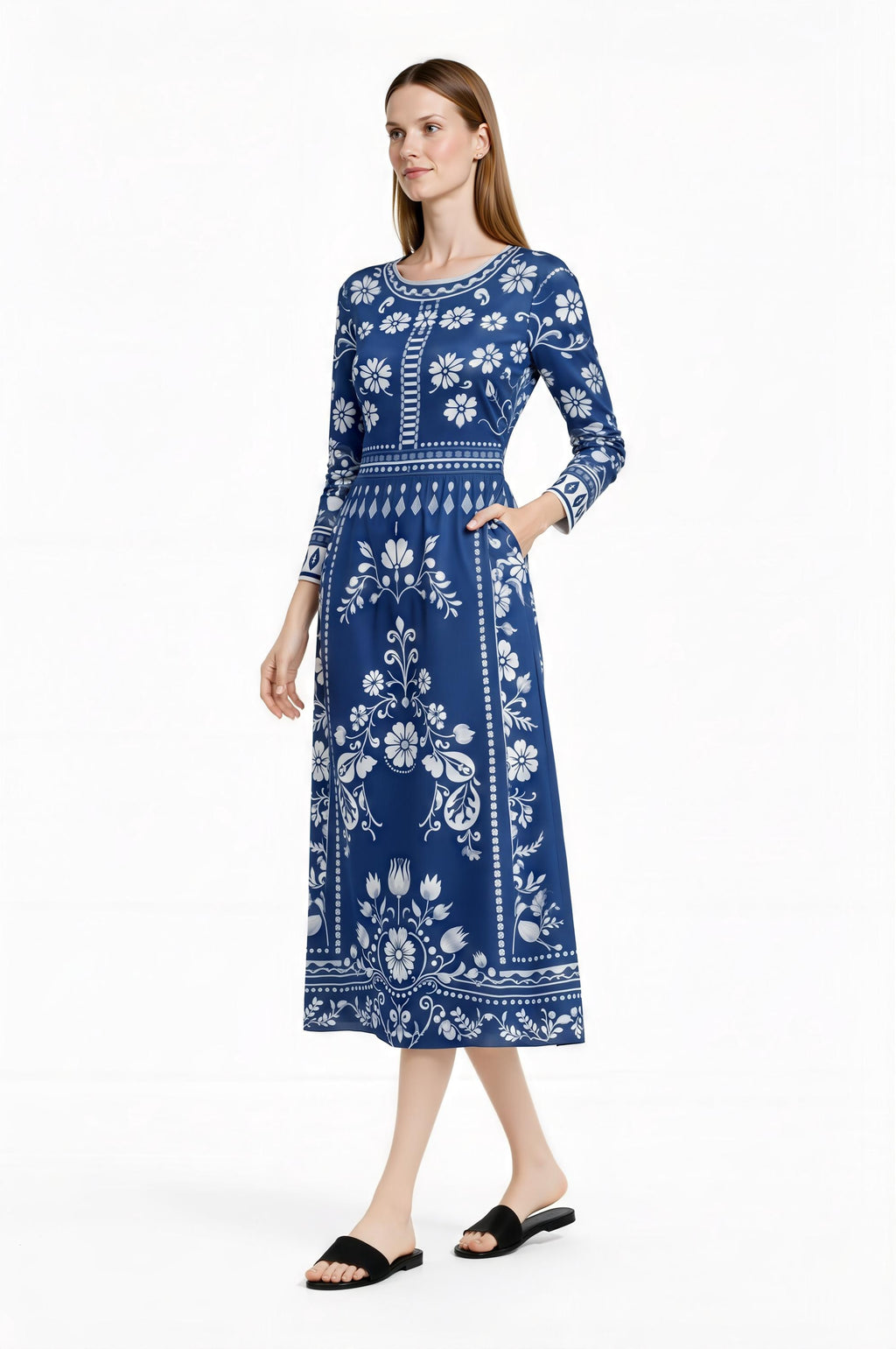 Blue Floral Midi Dress, Vintage Border Print, Long Sleeve, Feminine Silhouette __etsy:7870576643