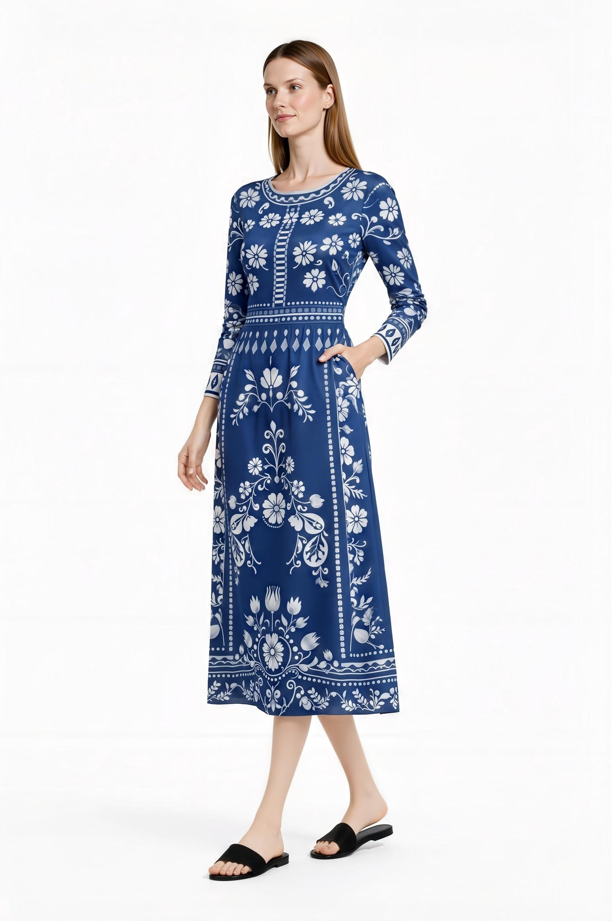 Blue Floral Midi Dress, Vintage Border Print, Long Sleeve, Feminine Silhouette __etsy:7870576643
