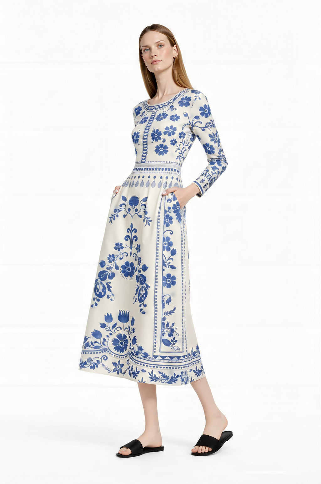 Blue Floral Midi Dress, Vintage Border Print, Long Sleeve, Feminine Silhouette __etsy:7870576647