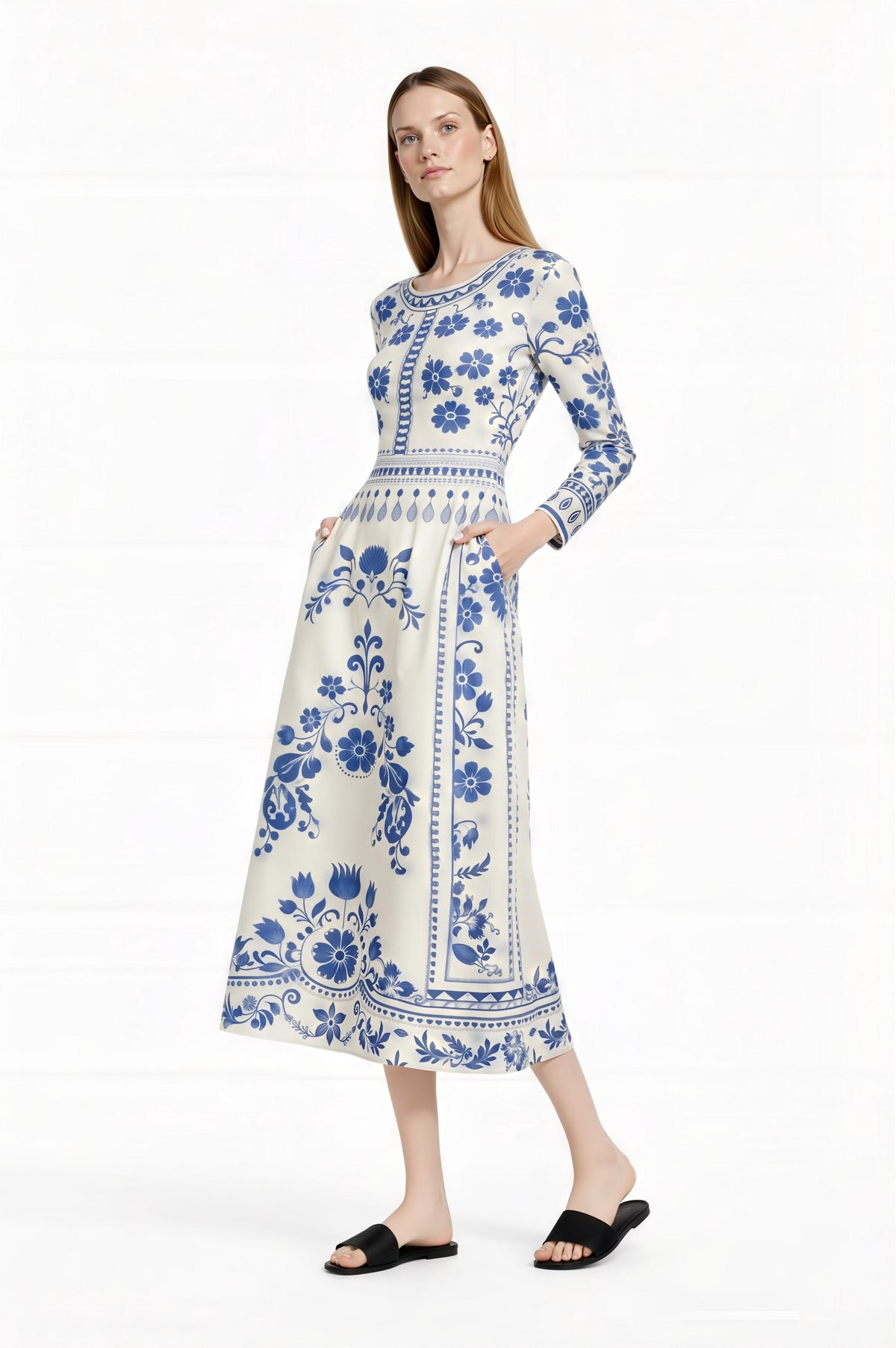 Blue Floral Midi Dress, Vintage Border Print, Long Sleeve, Feminine Silhouette __etsy:7870576647