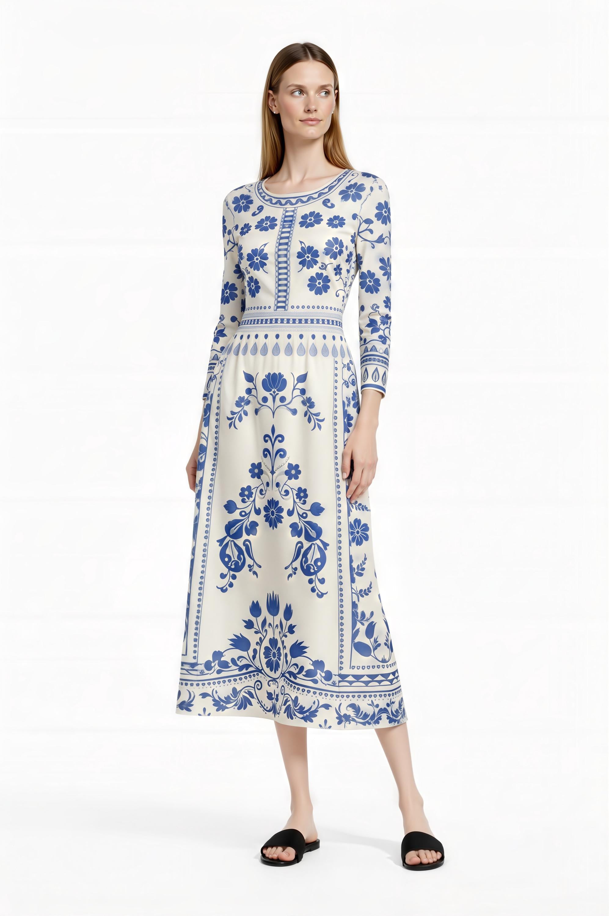 Blue Floral Midi Dress, Vintage Border Print, Long Sleeve, Feminine Silhouette __etsy:7870576649
