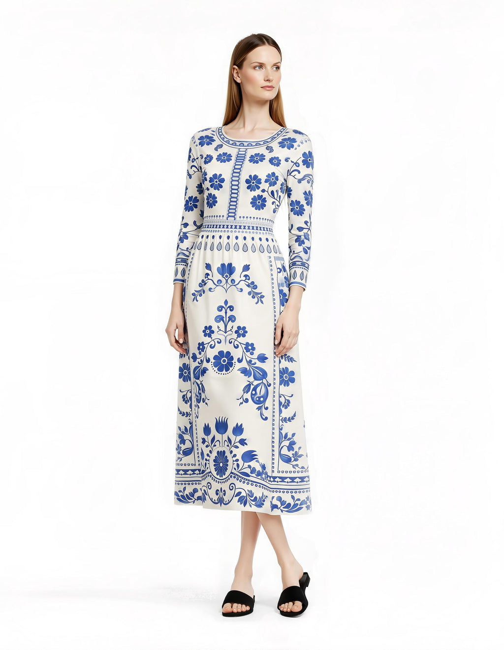Blue Floral Midi Dress, Vintage Border Print, Long Sleeve, Feminine Silhouette __etsy:7870650715