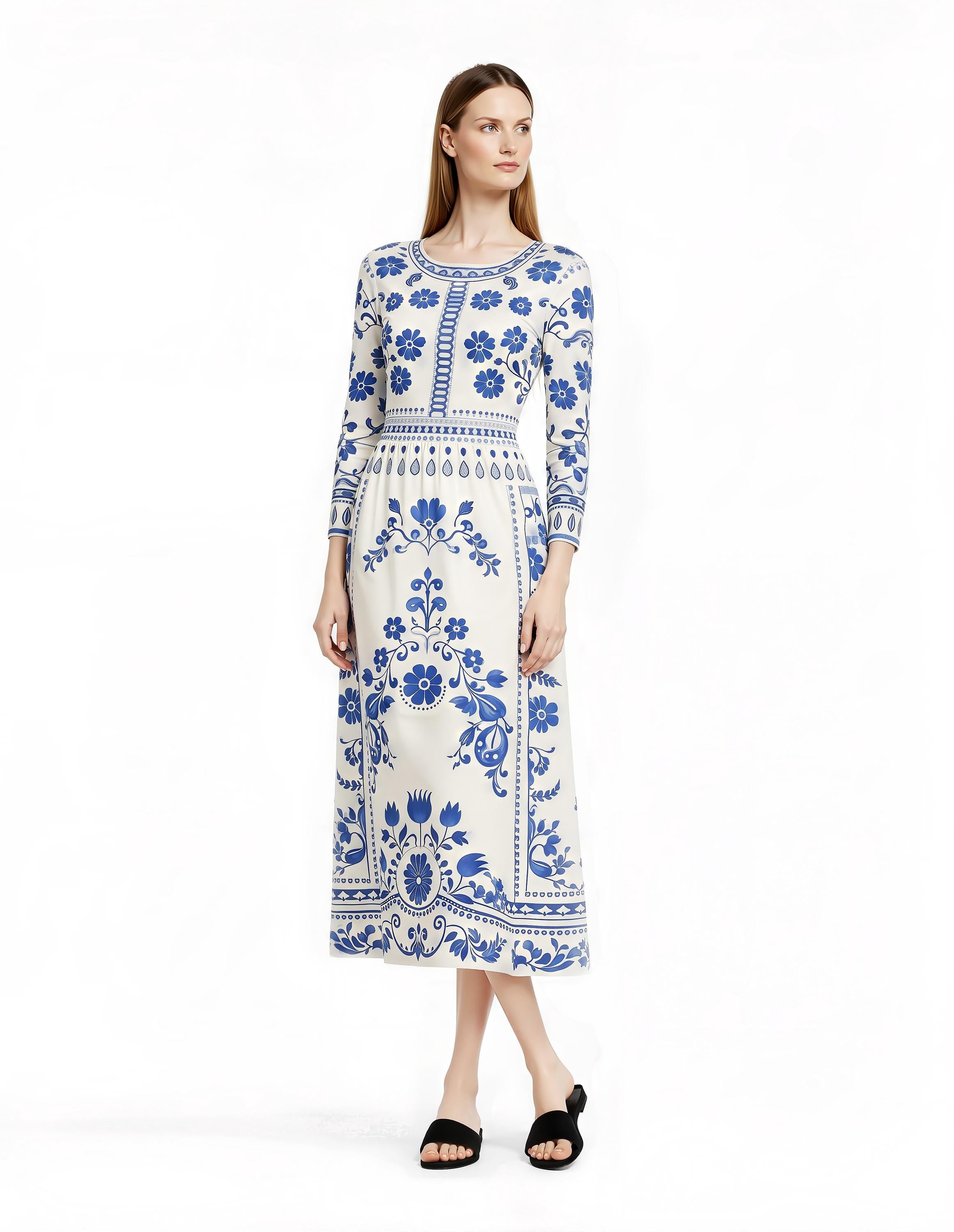 Blue Floral Midi Dress, Vintage Border Print, Long Sleeve, Feminine Silhouette __etsy:7870650715