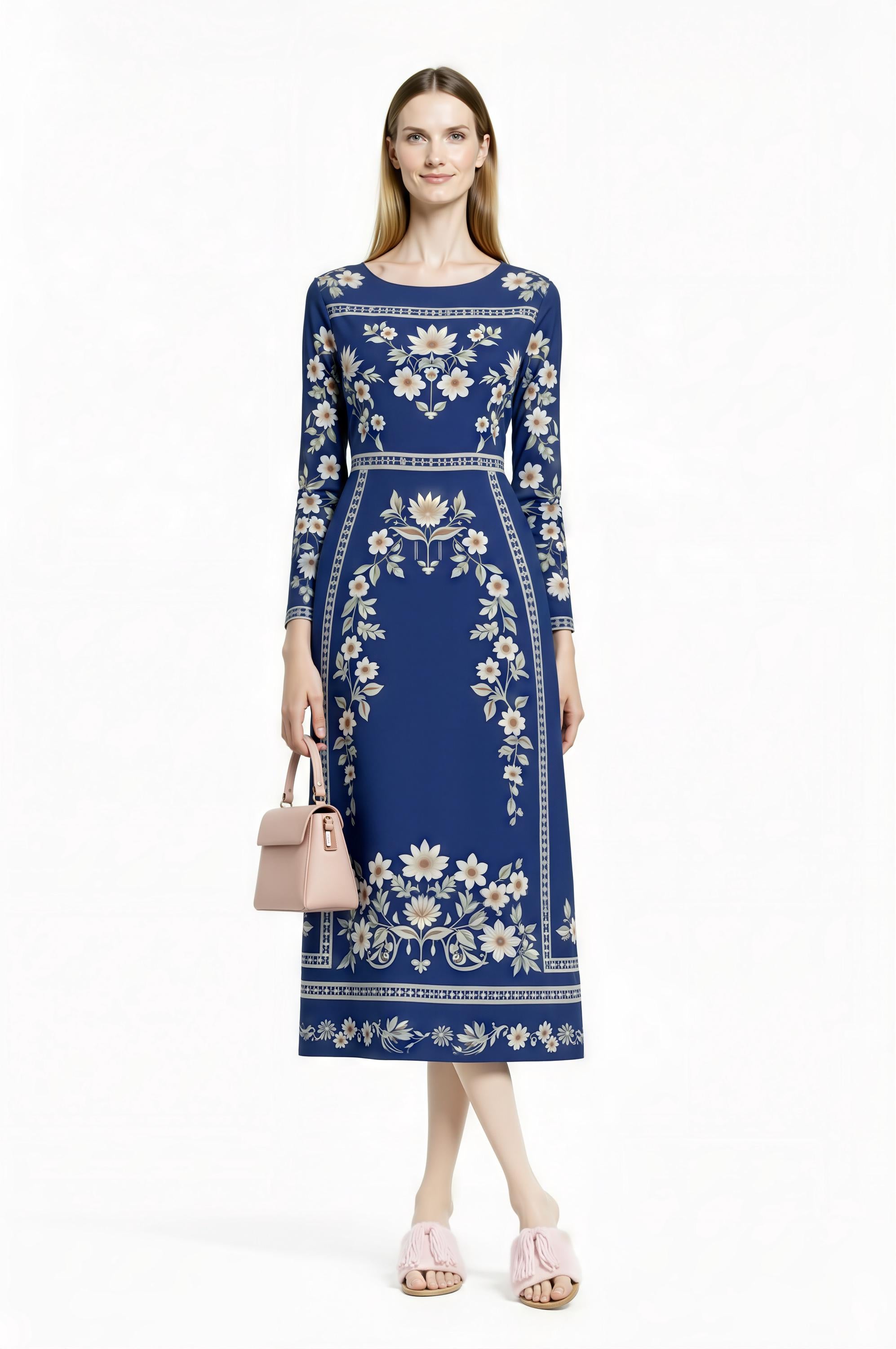 Blue Floral Midi Dress, Vintage Botanical Print, Long Sleeve A-Line, Cottagecore Style __etsy:7870944987