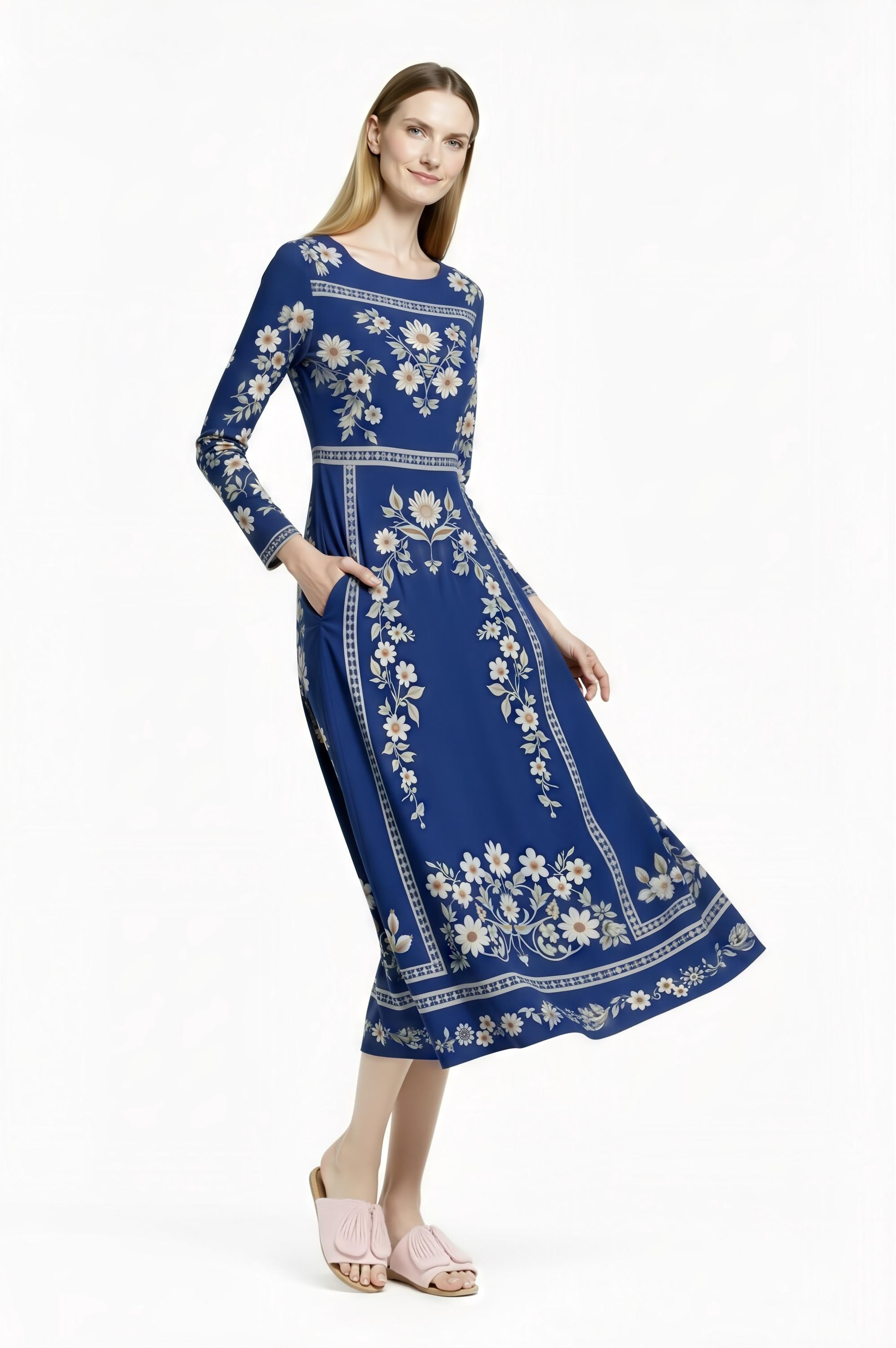 Blue Floral Midi Dress, Vintage Botanical Print, Long Sleeve A-Line, Cottagecore Style __etsy:7870945081