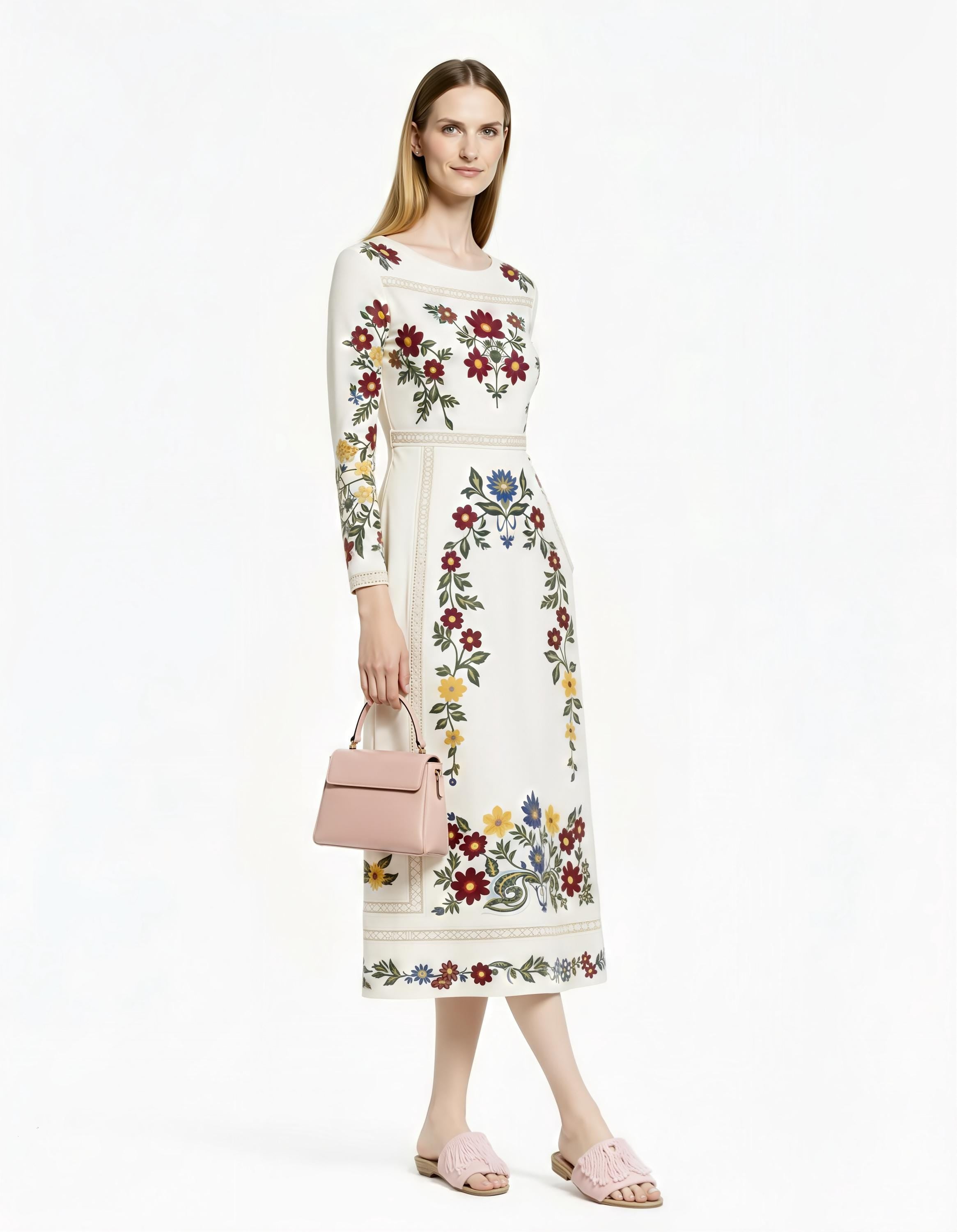 Folk Floral Print Midi Dress, Long Sleeve A-Line, Vintage Boho Style __etsy:7871141879