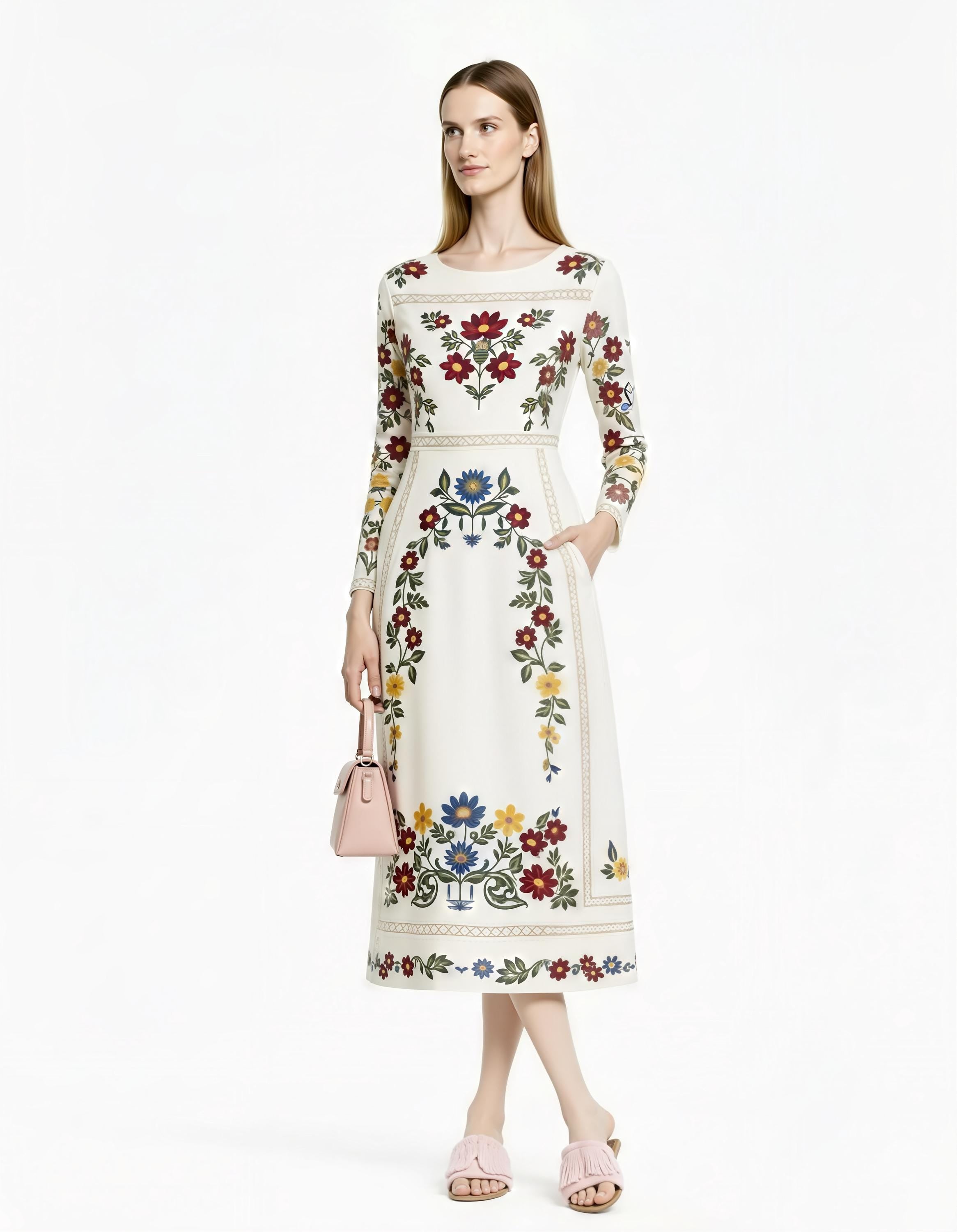 Folk Floral Print Midi Dress, Long Sleeve A-Line, Vintage Boho Style __etsy:7871141891