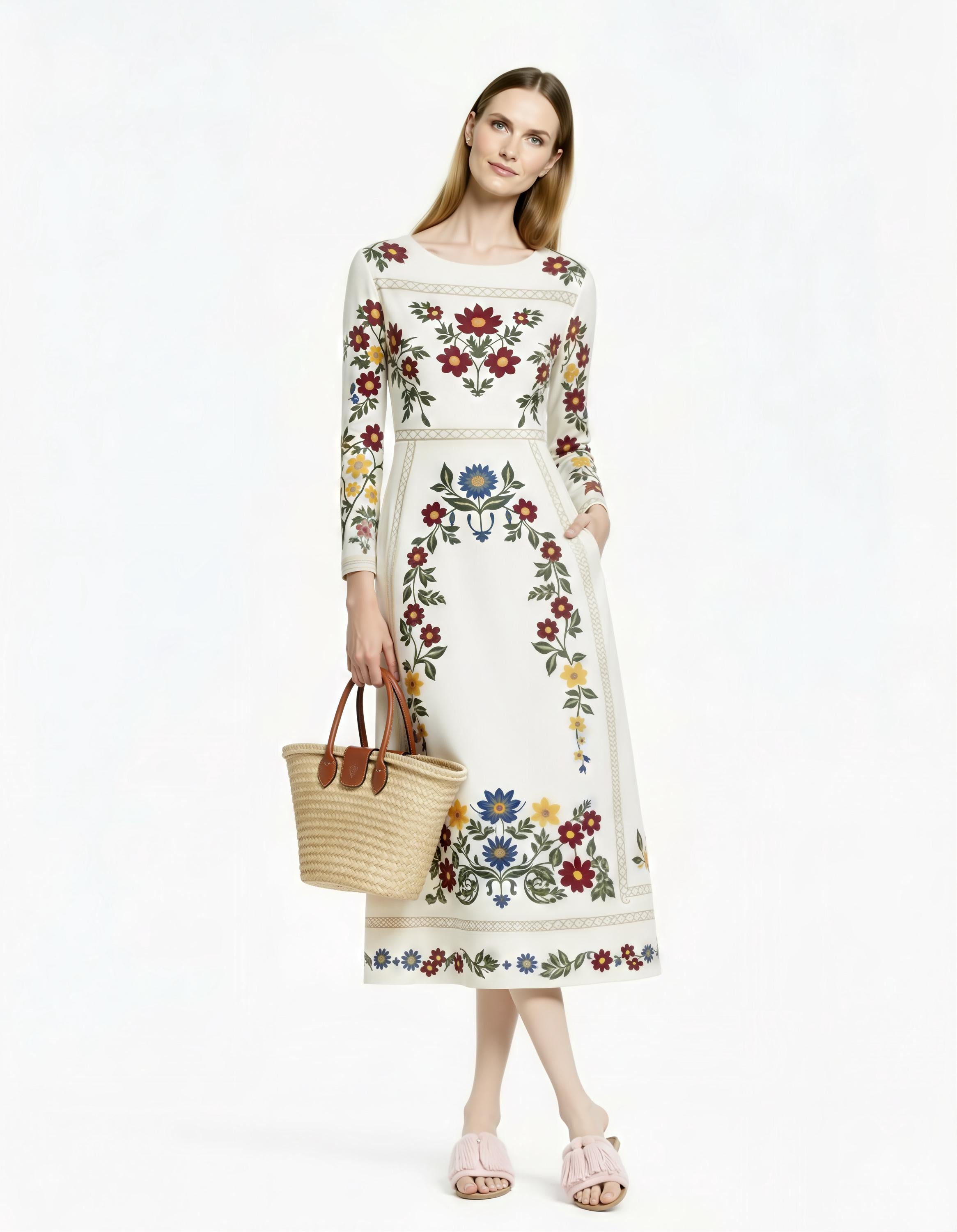 Folk Floral Print Midi Dress, Long Sleeve A-Line, Vintage Boho Style __etsy:7871141937