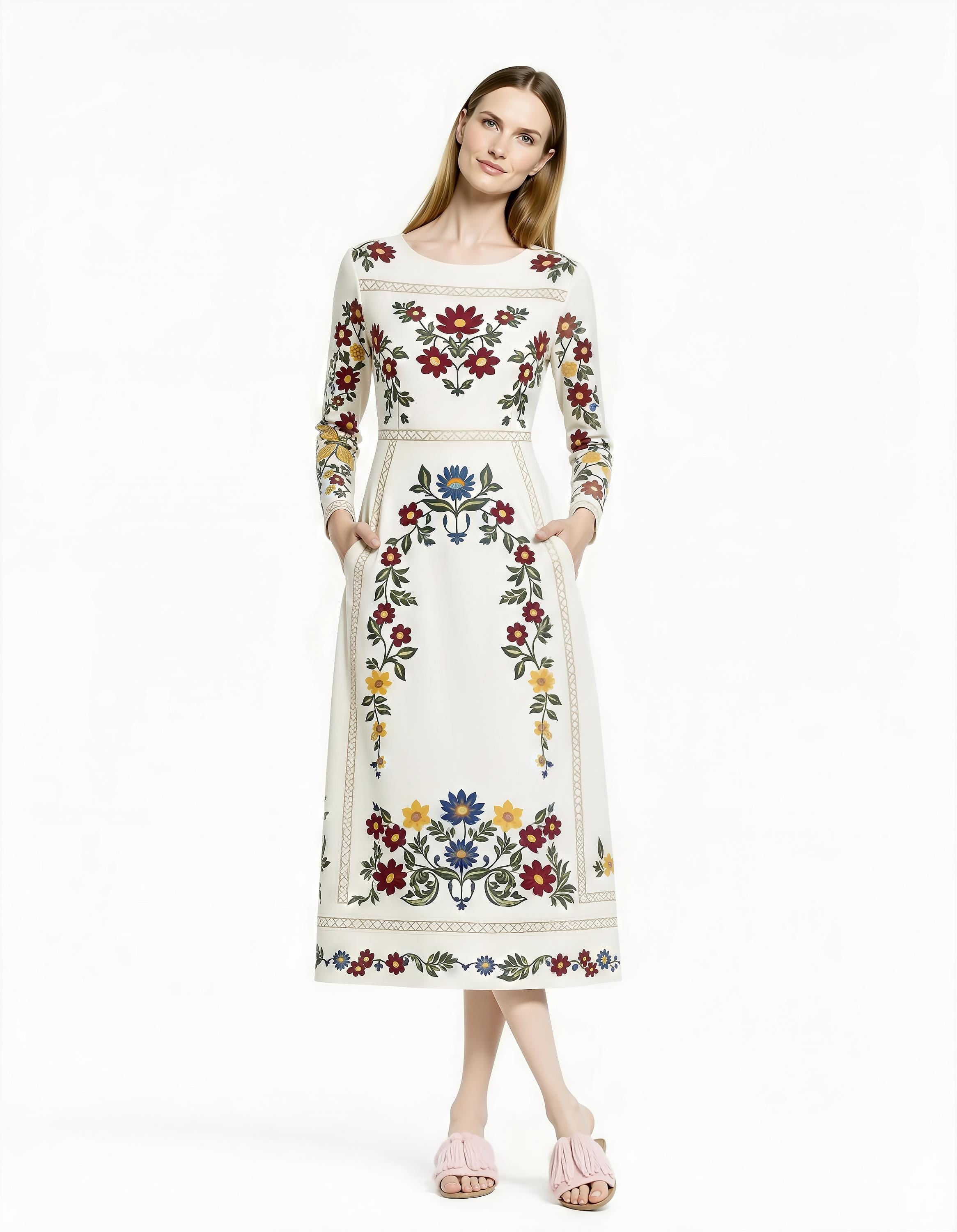 Folk Floral Print Midi Dress, Long Sleeve A-Line, Vintage Boho Style __etsy:7871158897