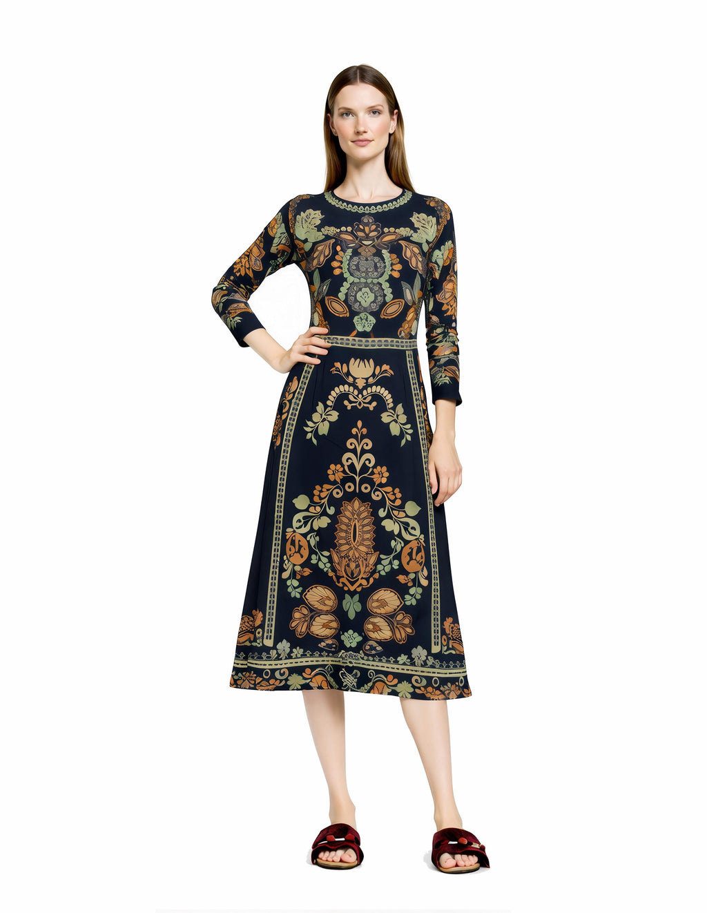 Black Botanical Print Midi Dress, Vintage Boho Long Sleeve, Elegant Border Design __etsy:7876849965