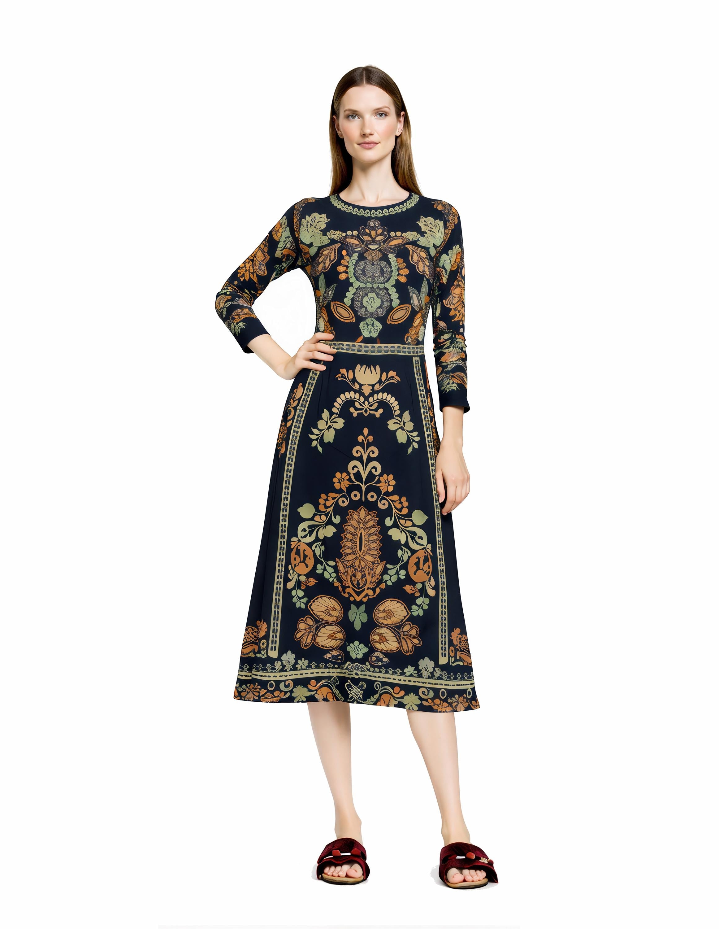 Black Botanical Print Midi Dress, Vintage Boho Long Sleeve, Elegant Border Design __etsy:7876849965