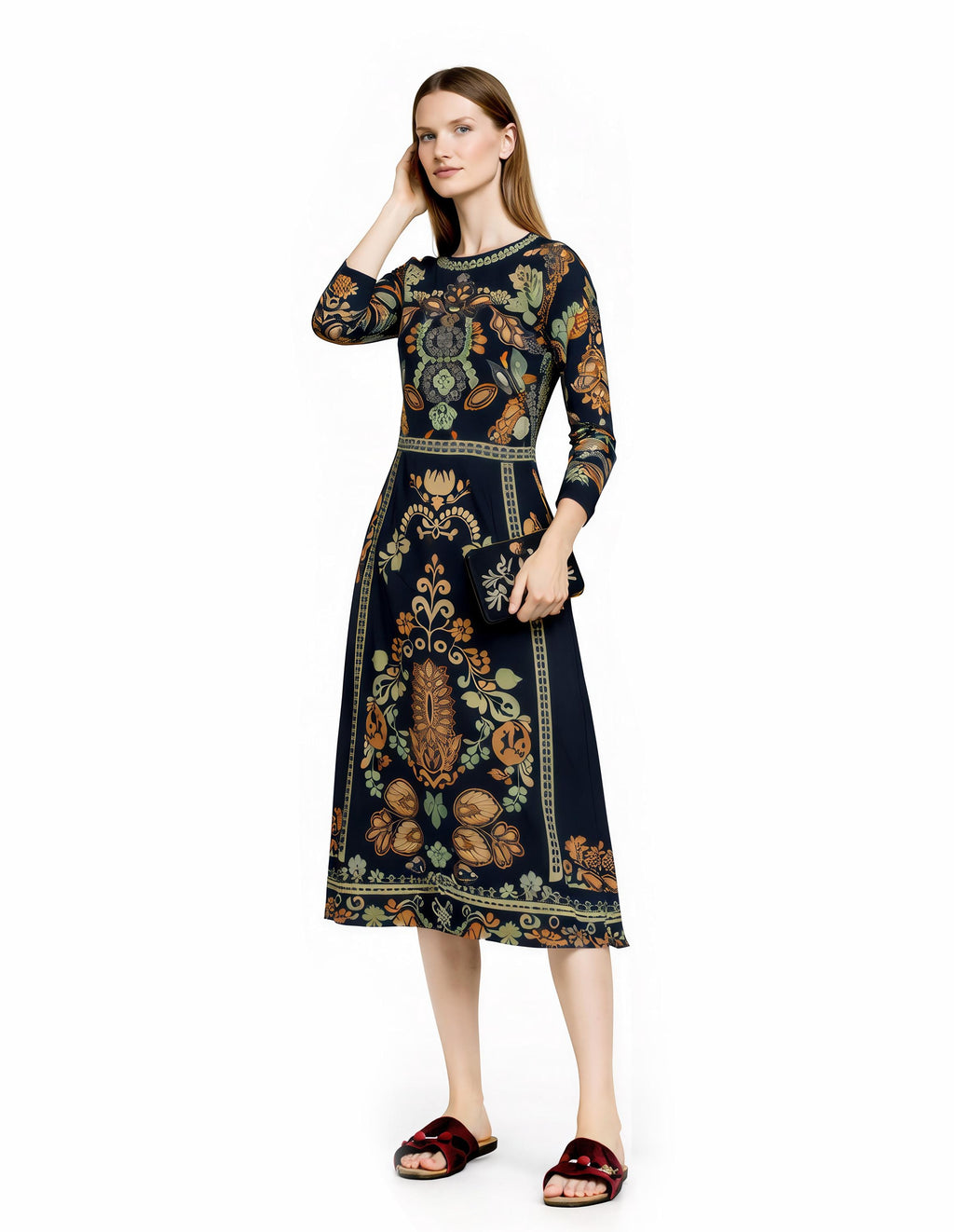 Black Botanical Print Midi Dress, Vintage Boho Long Sleeve, Elegant Border Design __etsy:7876851261