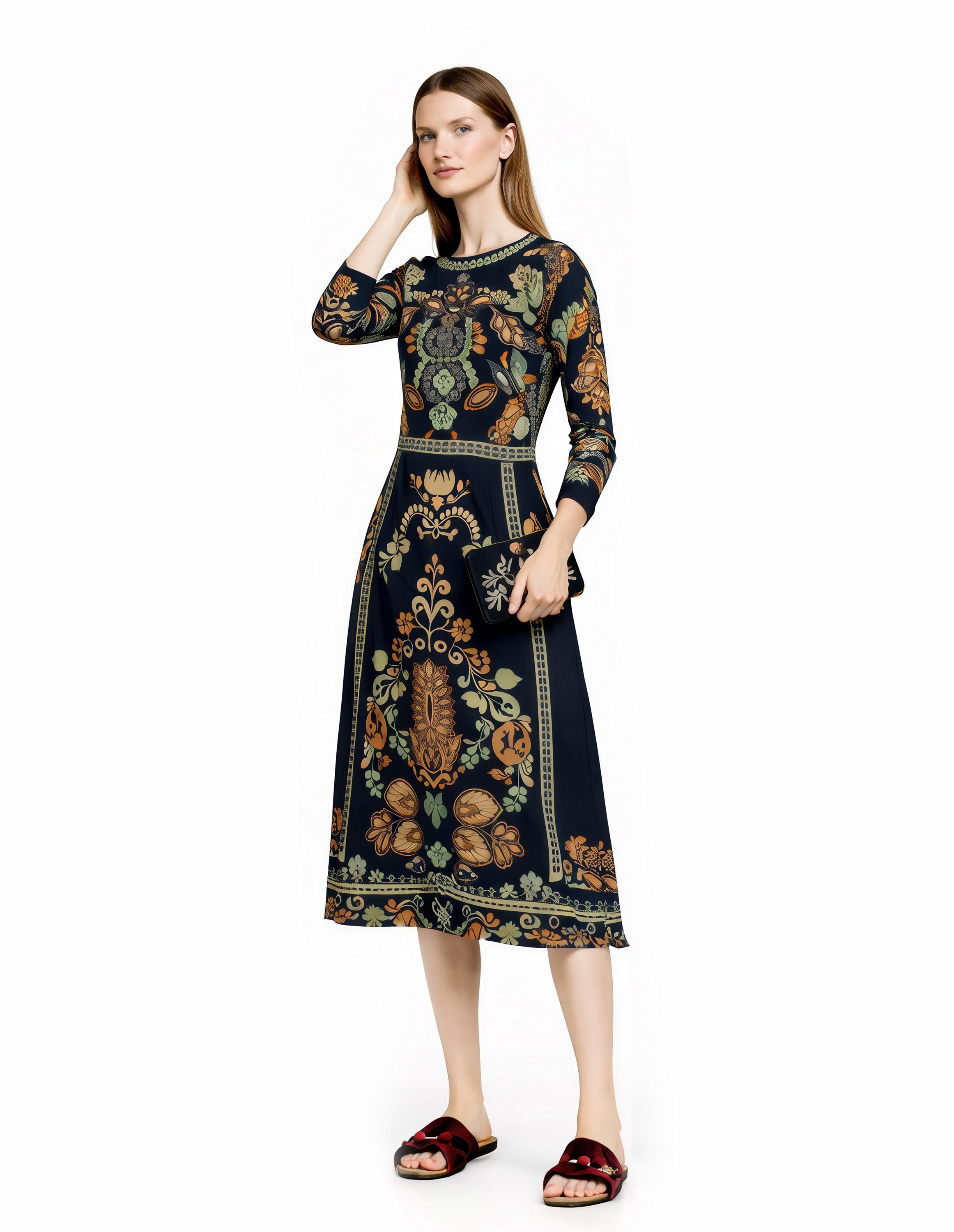 Black Botanical Print Midi Dress, Vintage Boho Long Sleeve, Elegant Border Design __etsy:7876851261