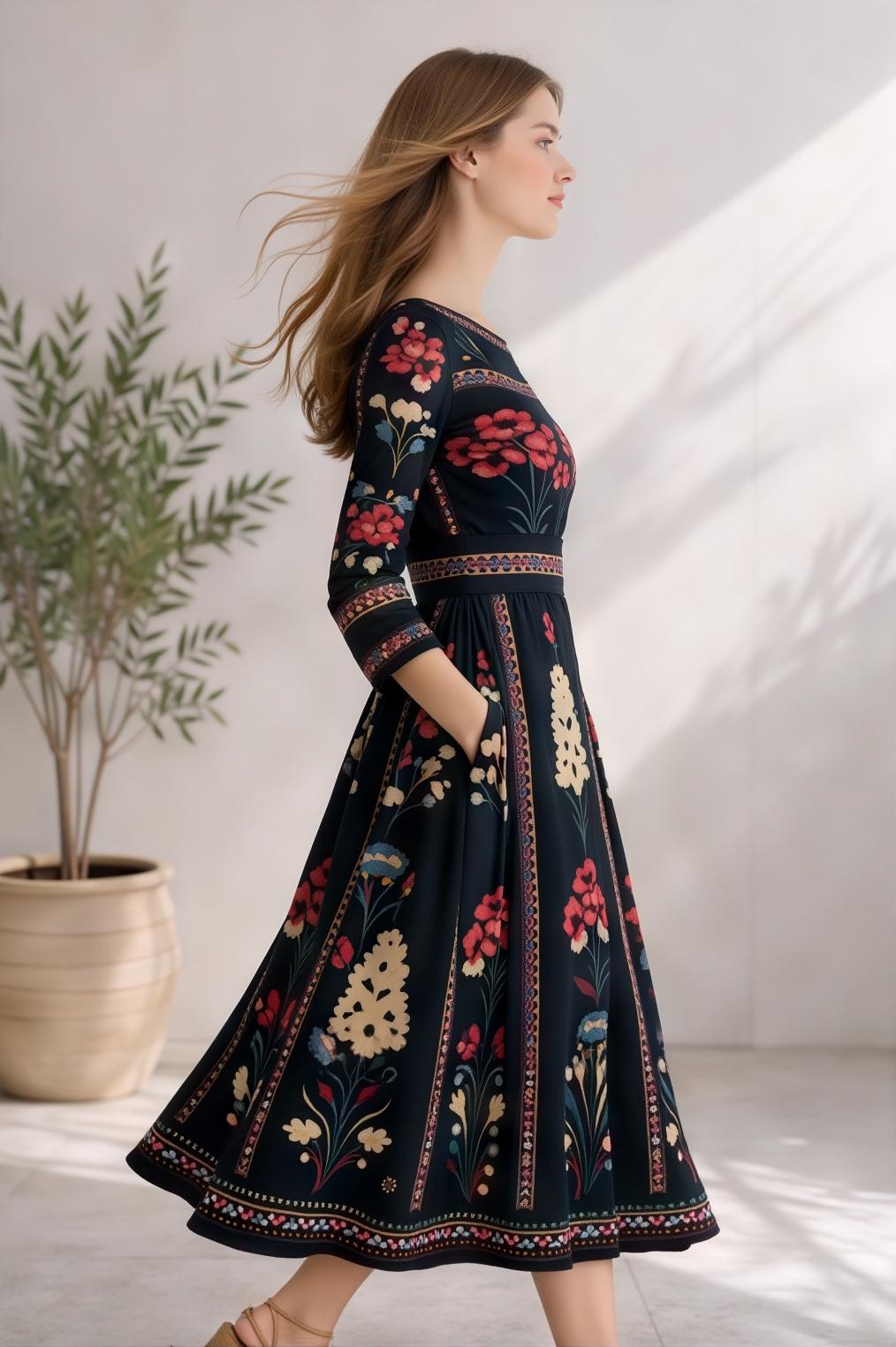 Black Floral Midi Dress with Long Sleeves and Side Pockets A-Line Silhouette __etsy:7883315349