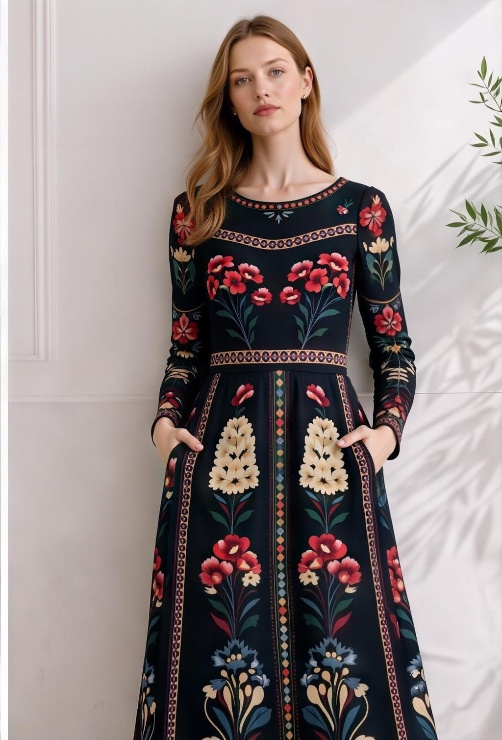 Black Floral Midi Dress with Long Sleeves and Side Pockets A-Line Silhouette __etsy:7883315351