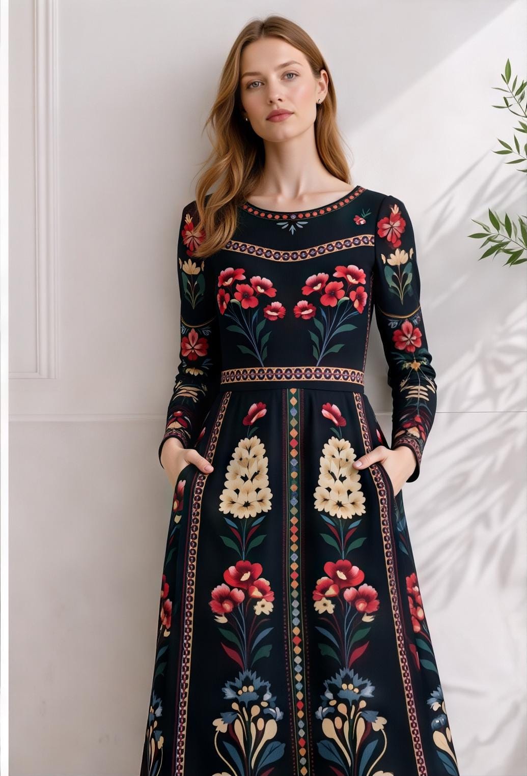 Black Floral Midi Dress with Long Sleeves and Side Pockets A-Line Silhouette __etsy:7883315351