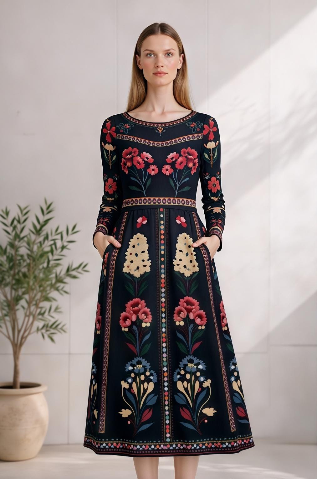 Black Floral Midi Dress with Long Sleeves and Side Pockets A-Line Silhouette __etsy:7883315353