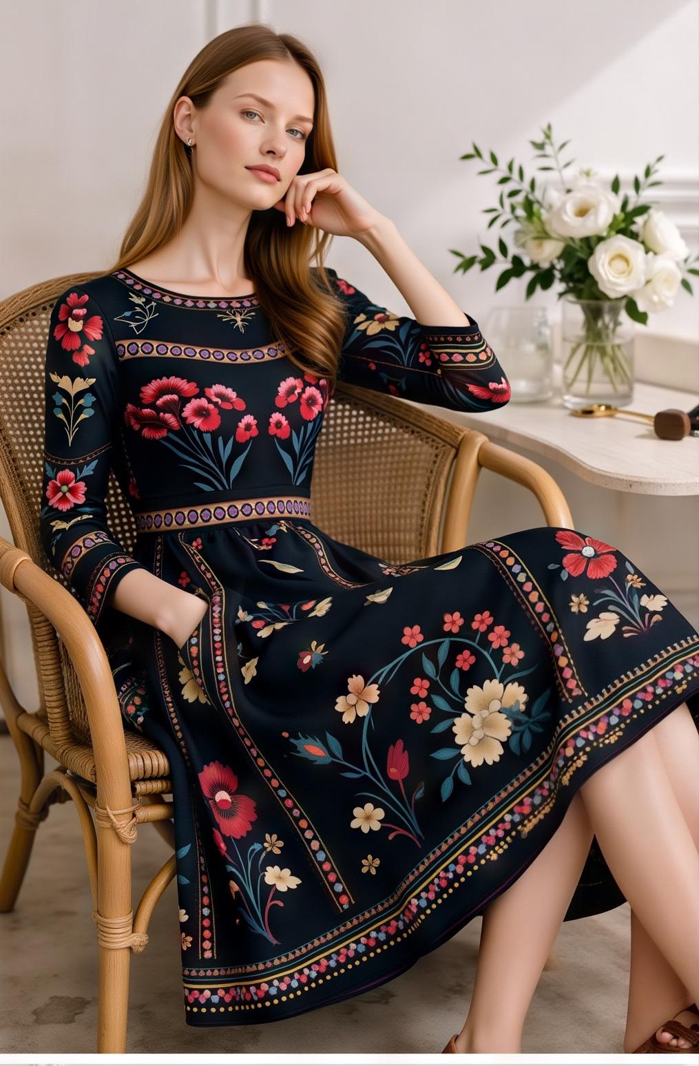 Black Floral Midi Dress with Long Sleeves and Side Pockets A-Line Silhouette __etsy:7883315361