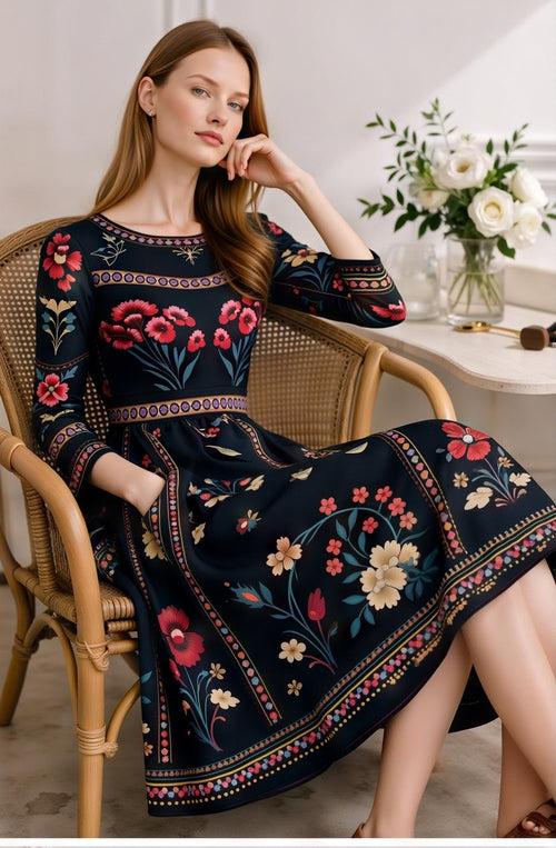 Black Floral Midi Dress with Long Sleeves and Side Pockets A-Line Silhouette __etsy:7883315361