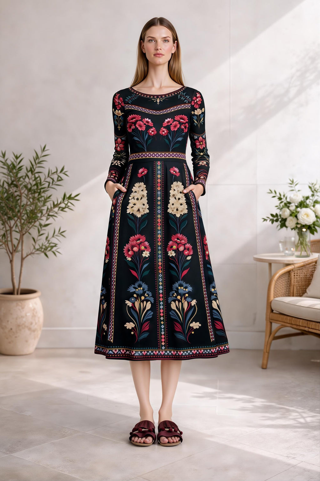 Black Floral Midi Dress with Long Sleeves and Side Pockets A-Line Silhouette __etsy:7883317071