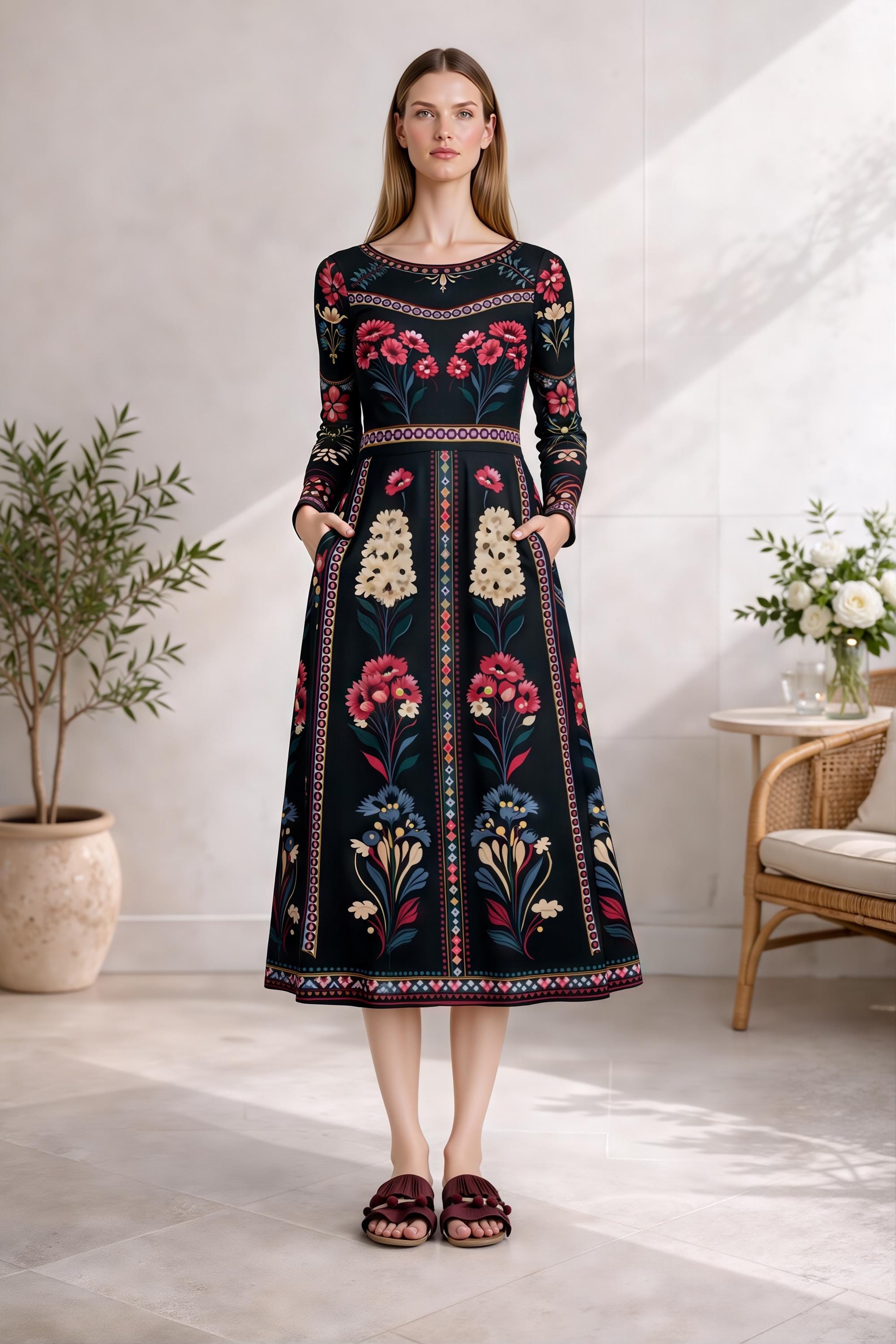 Black Floral Midi Dress with Long Sleeves and Side Pockets A-Line Silhouette __etsy:7883317071