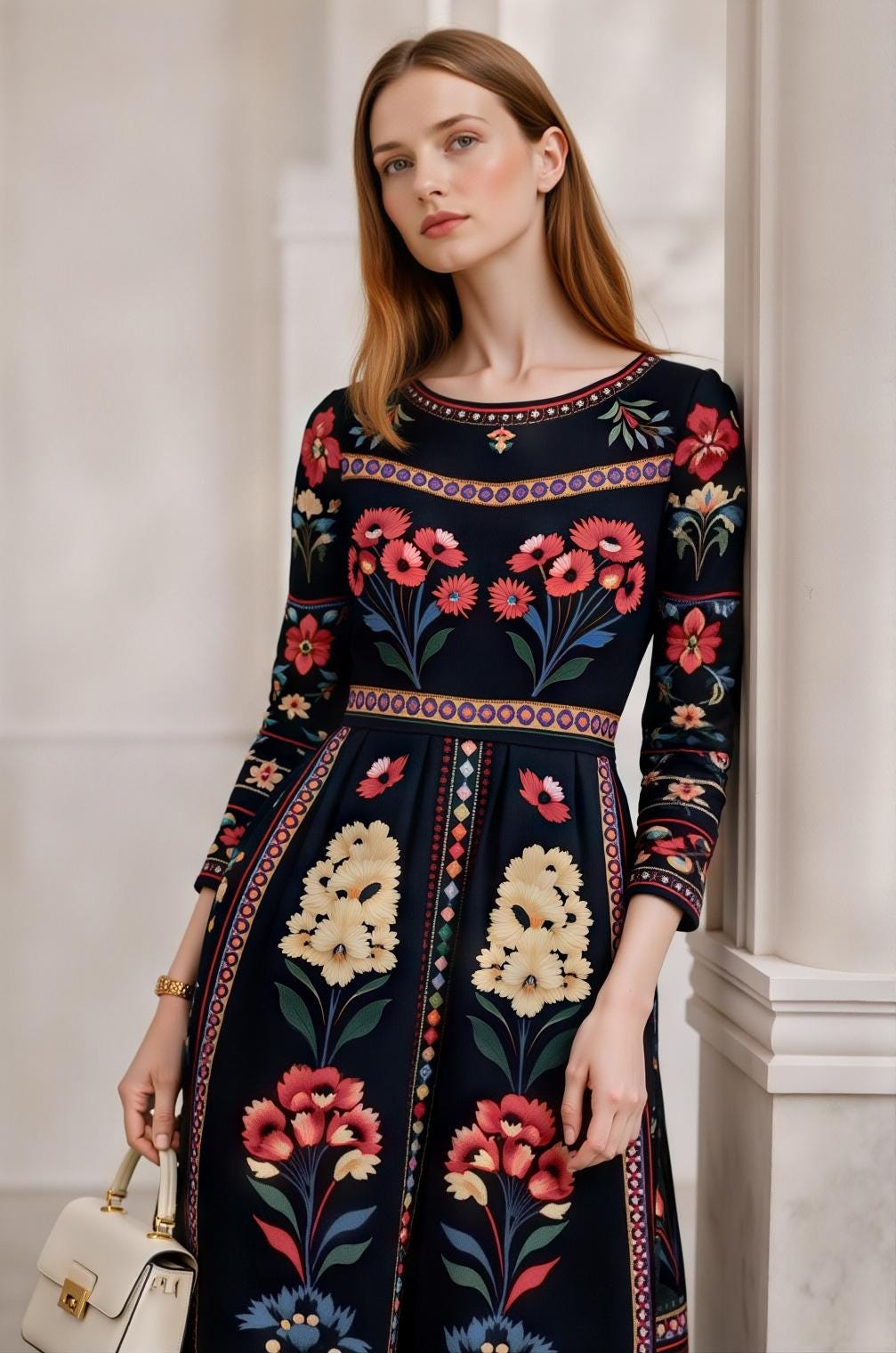 Black Floral Midi Dress with Long Sleeves and Side Pockets A-Line Silhouette __etsy:7883322331